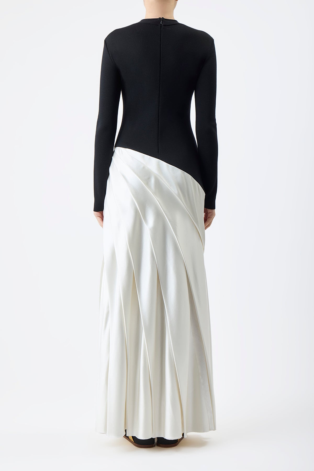 Ismay Pleated Dress in Black & Ivory Double Satin - 5
