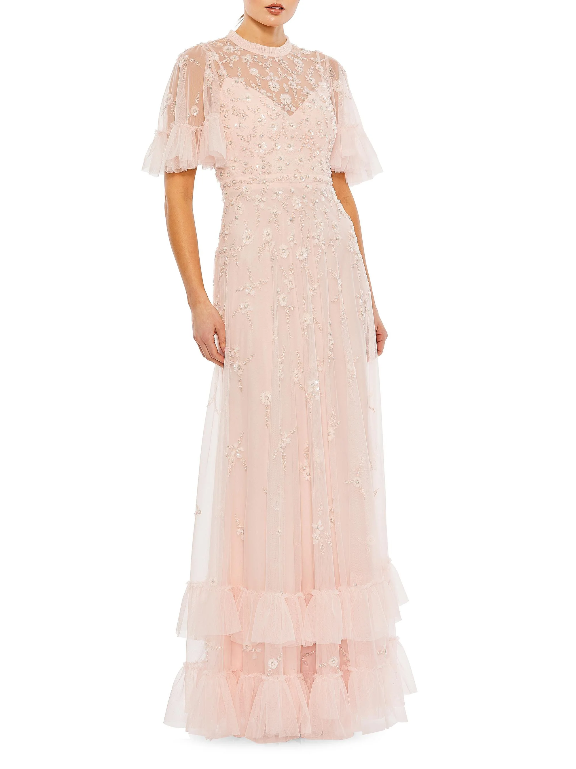 Women's Floral Sequin-Embellished A-Line Gown - Peach - 1