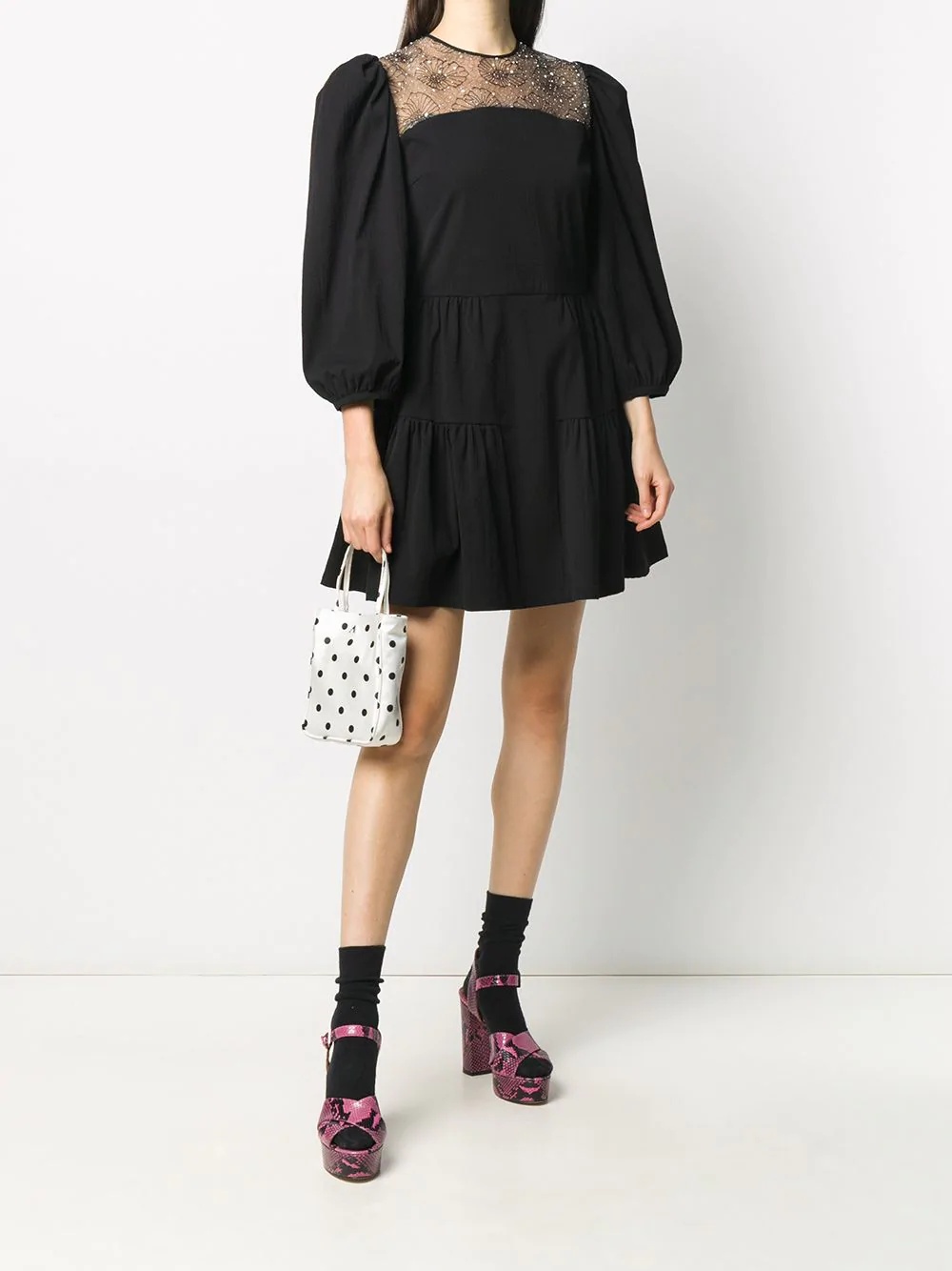 faux-pearl embellished puff sleeves dress - 2