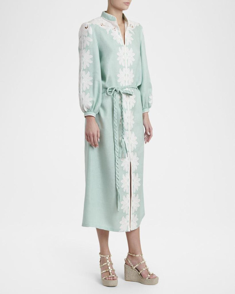 Floral Embroidered Linen Belted Midi Dress 4