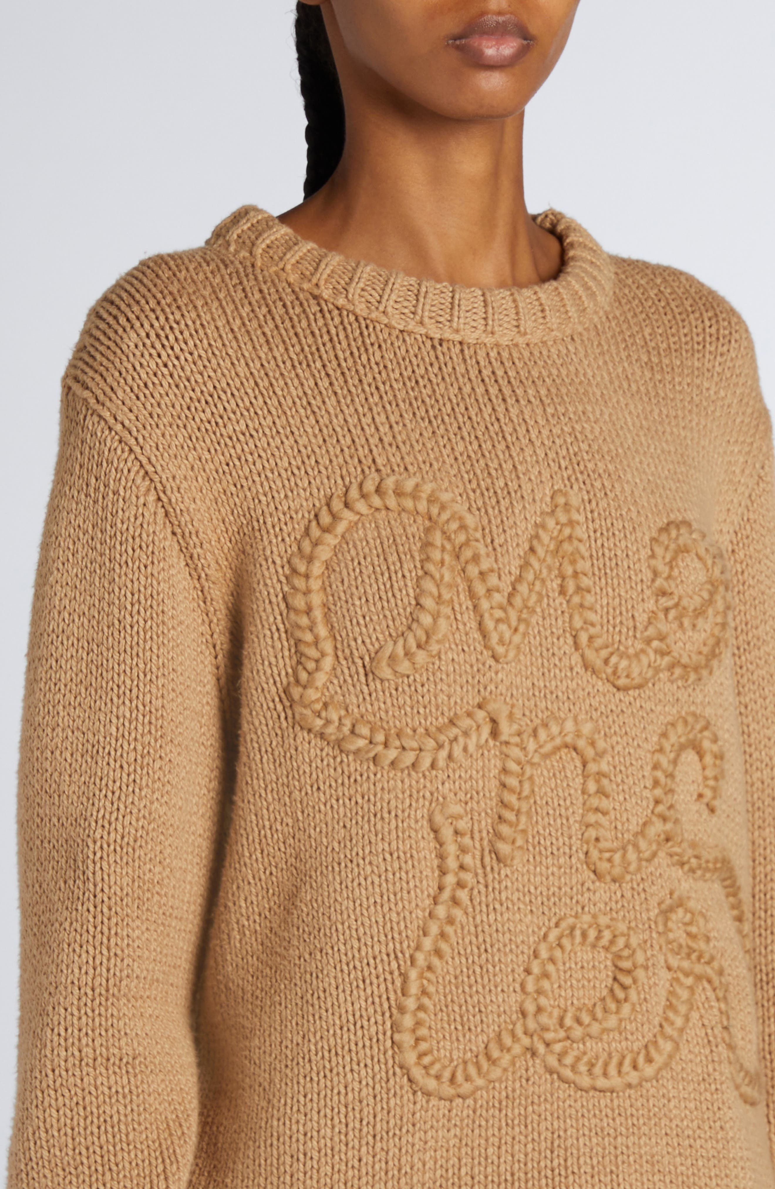 Moncler Logo Embroidered Crewneck Sweater in Beige Tan at Nordstrom - 4