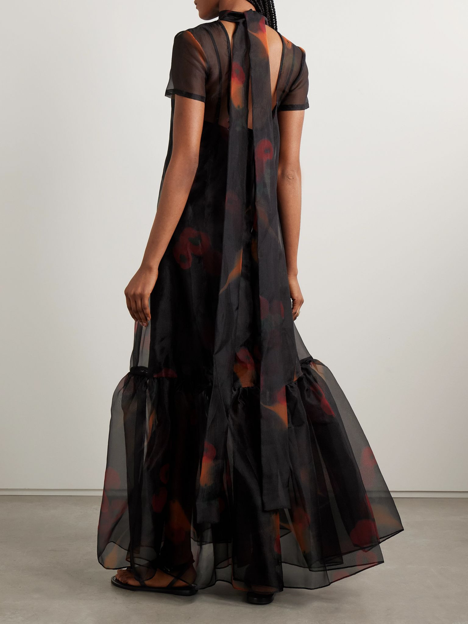 Calluna tie-neck tiered printed organza maxi dress Black - 3