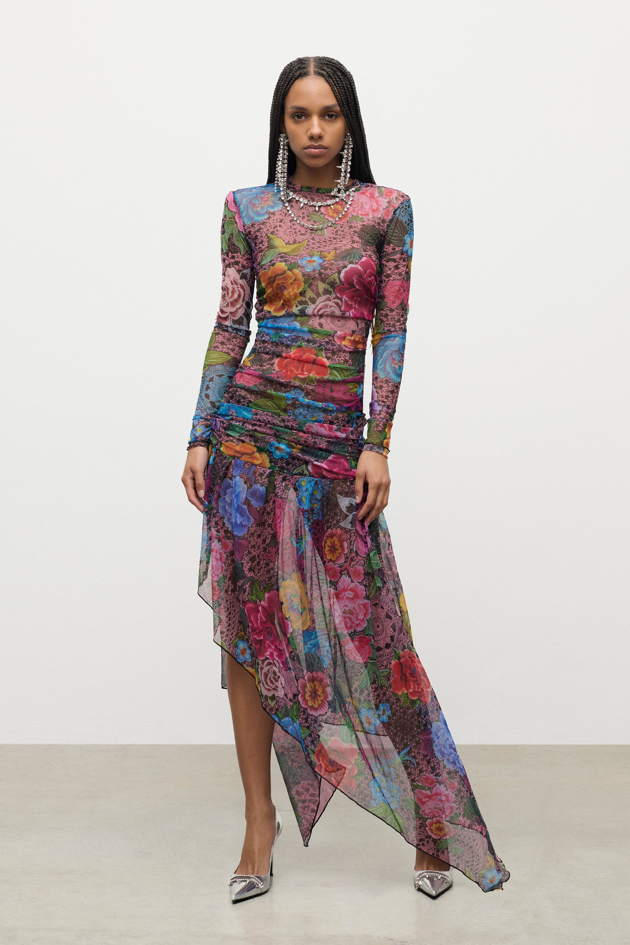 CRYSTAL EMBELLISHED PRINTED TULLE MIDI DRESS - 3
