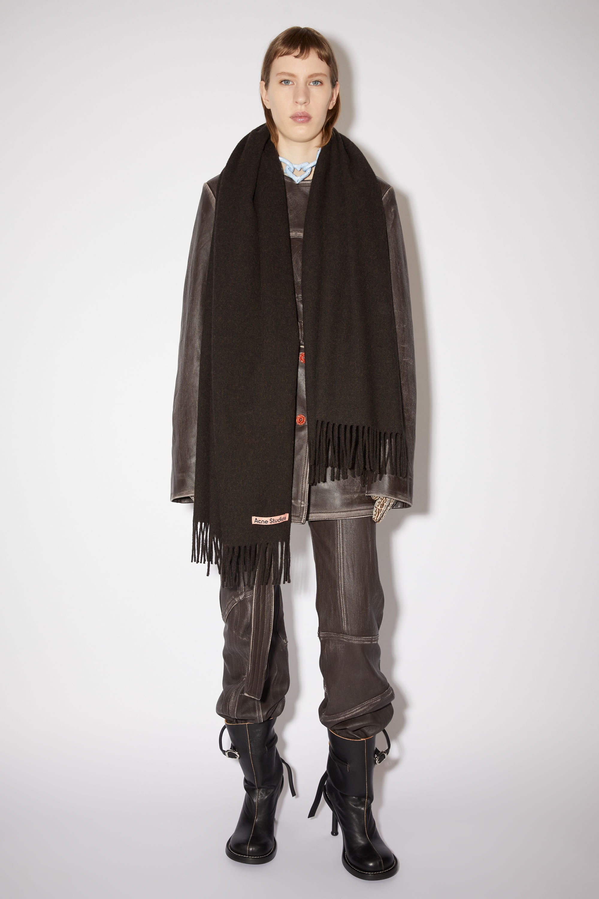 Fringe wool scarf - oversized - Chocolate brown melange - 2