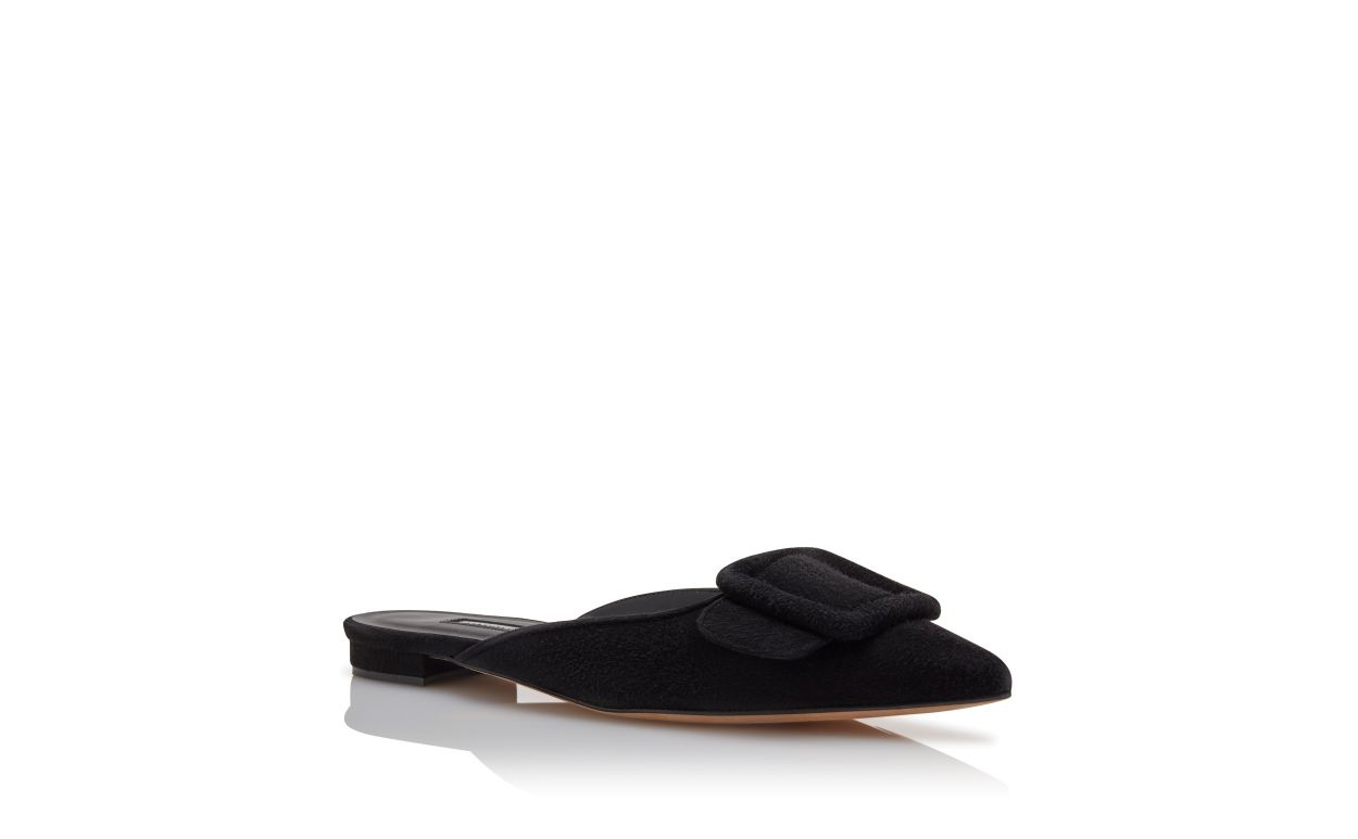 Black Suede Buckle Detail Flat Mules - 3