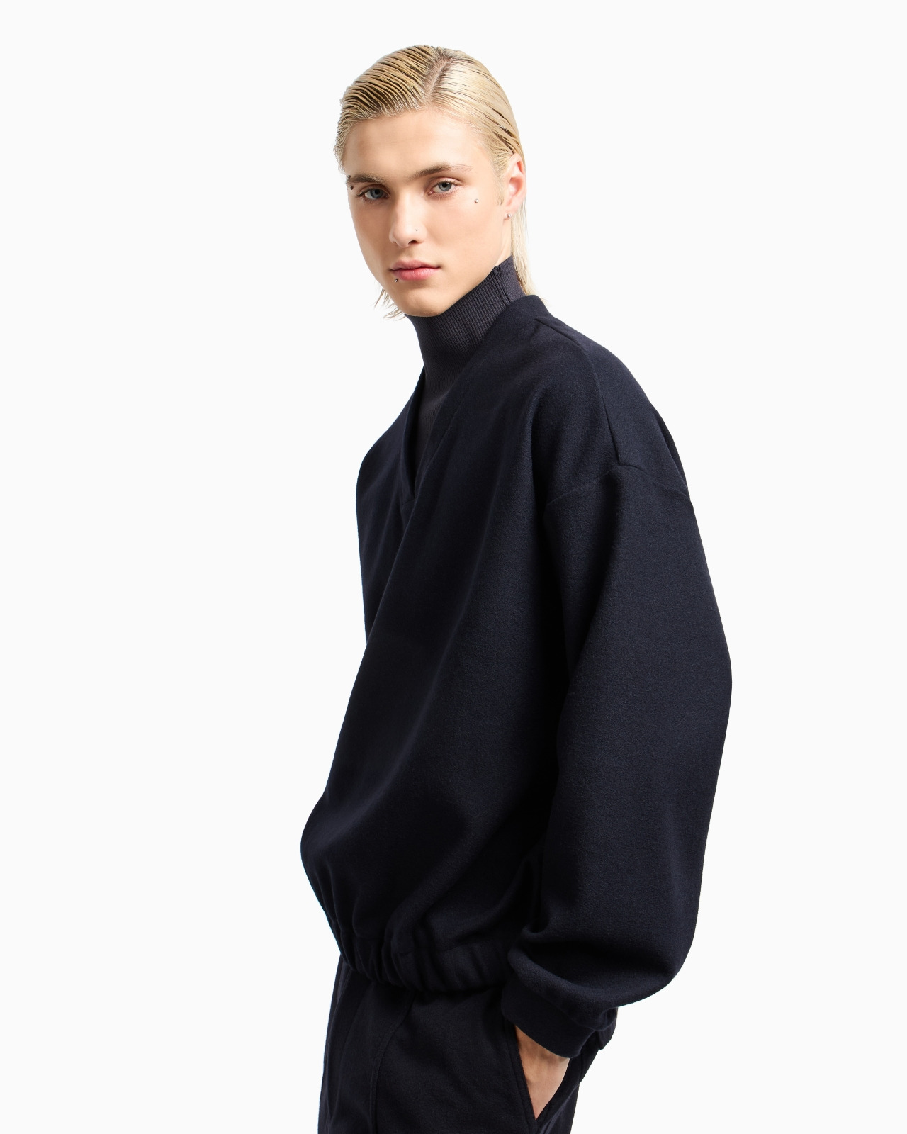 WOOL CLOTH SWEATSHIRT WITH KNIT MOCK NECK - 5