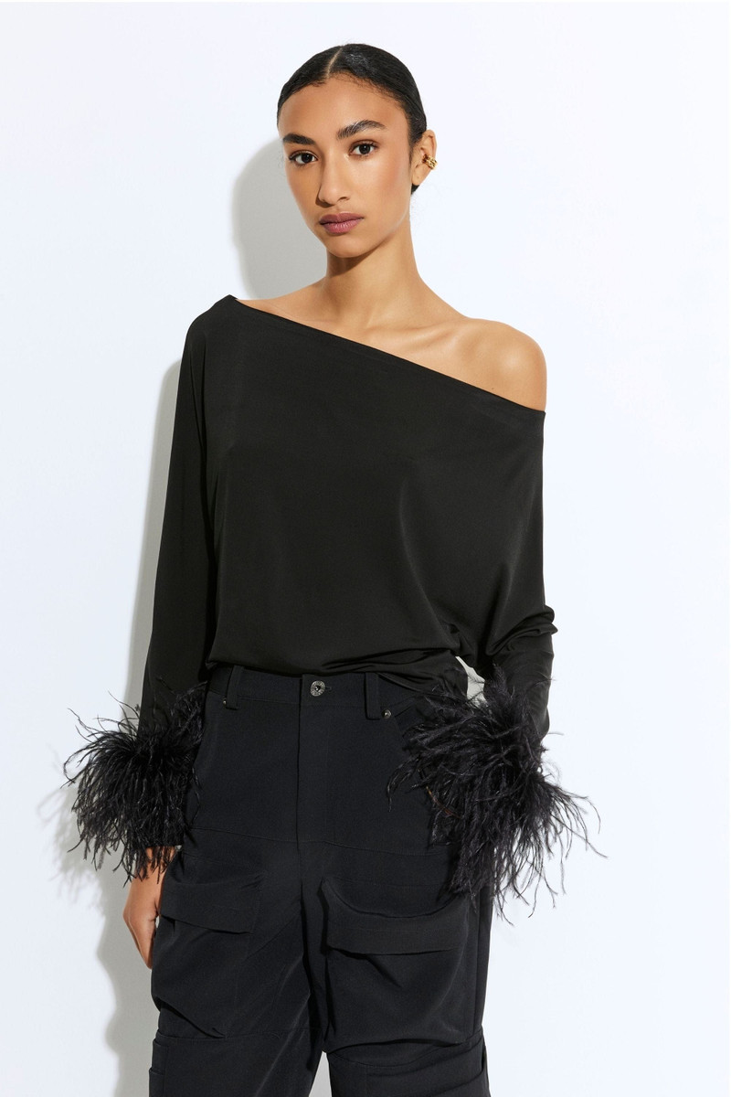 LAPOINTE Lightweight Jersey Off The Shoulder Top With Feathers outlook
