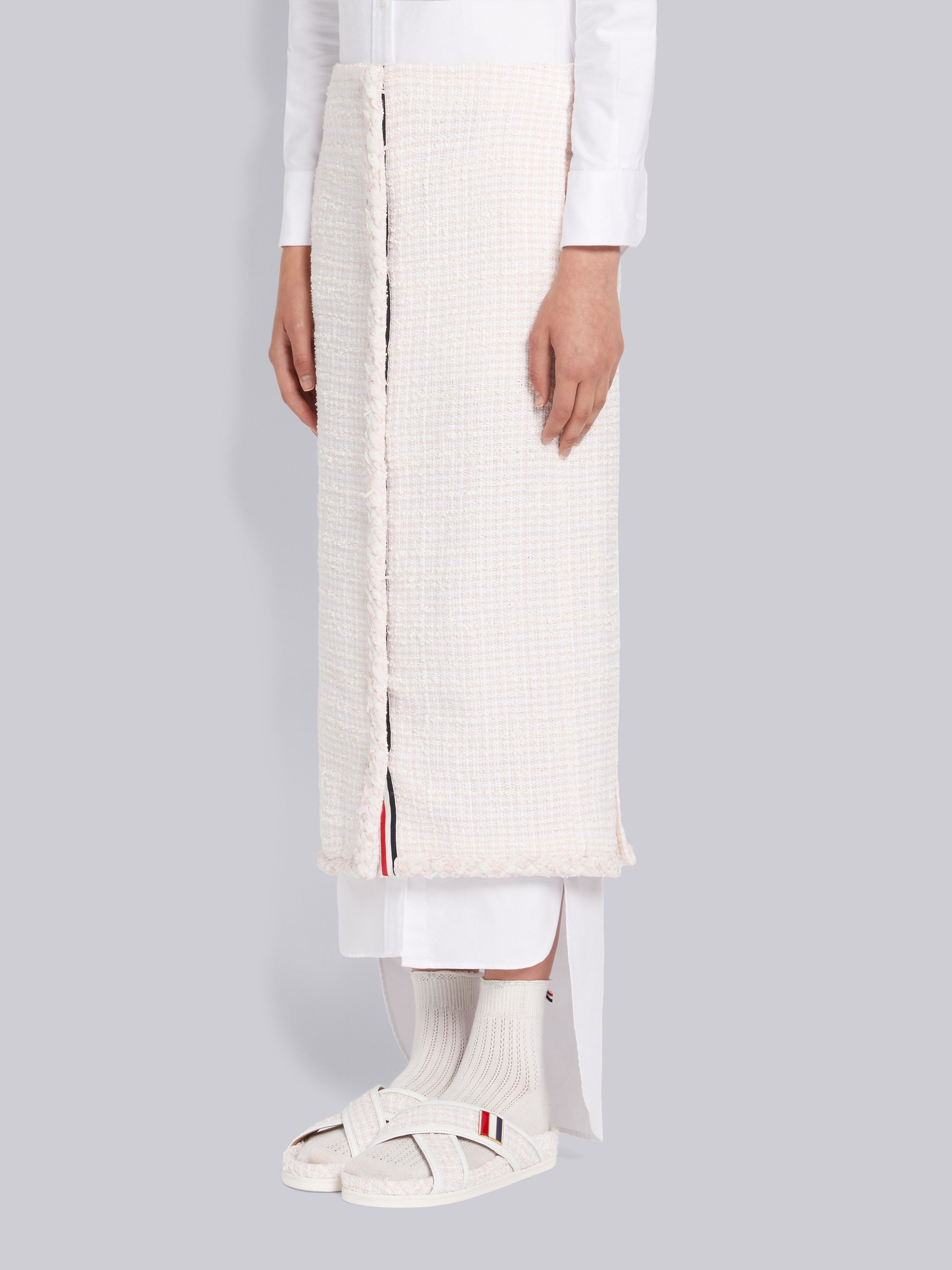 Light Pink Small Hopsack Check Tweed Braided Trim Button Front Low Rise Ankle Length Cardigan Skirt - 2