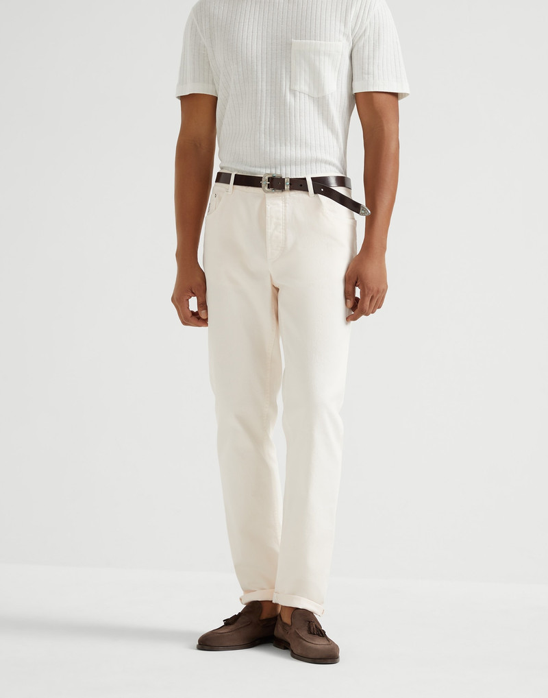 Garment-dyed comfort lightweight denim traditional fit five-pocket trousers 1