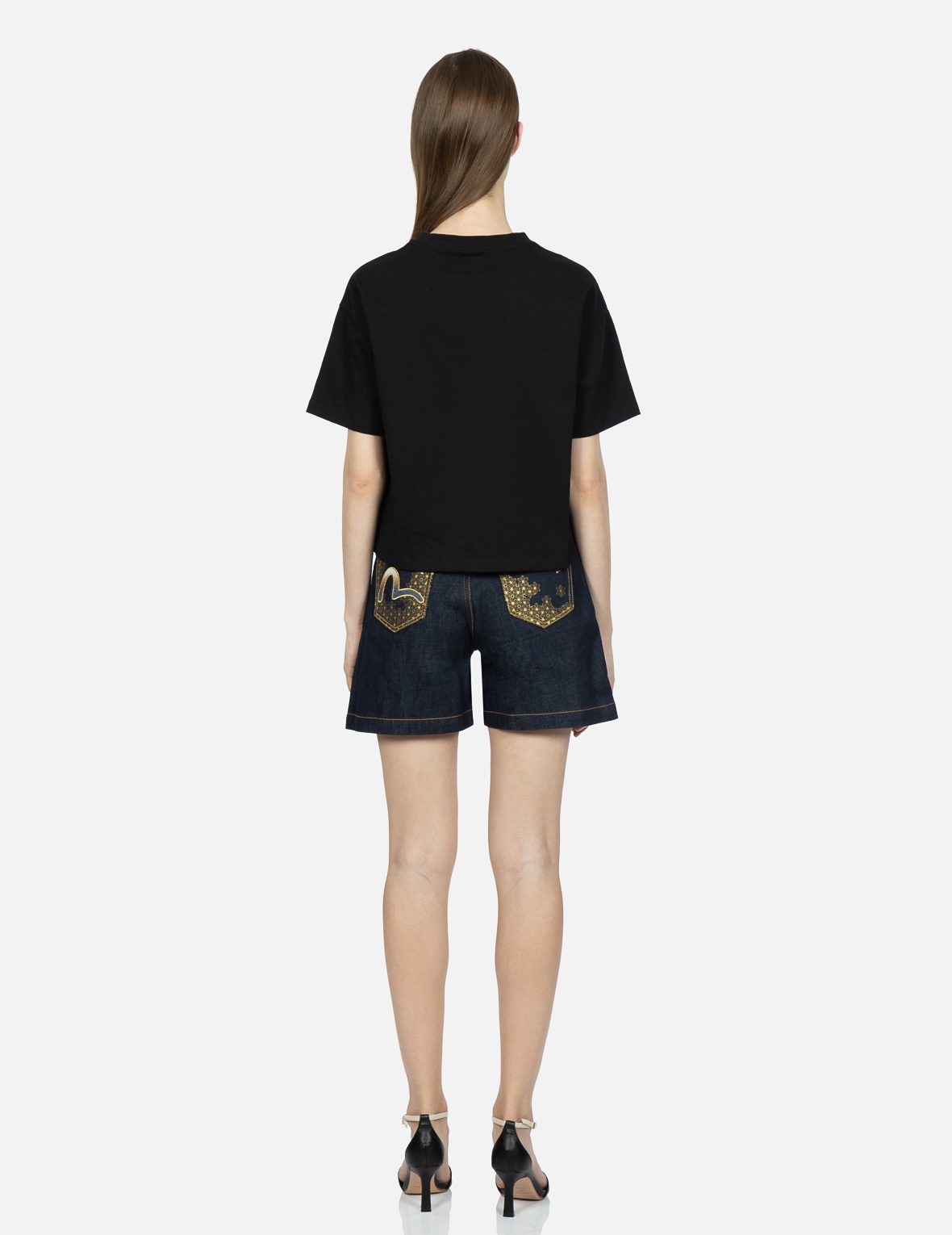 SEAGULL AND LOGO GRADATED EMBROIDERY DENIM SHORTS - 5