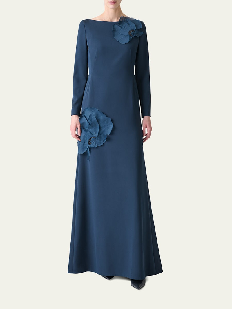 AKRIS Organza Anemone Corsage Long-Sleeve Crepe Gown outlook