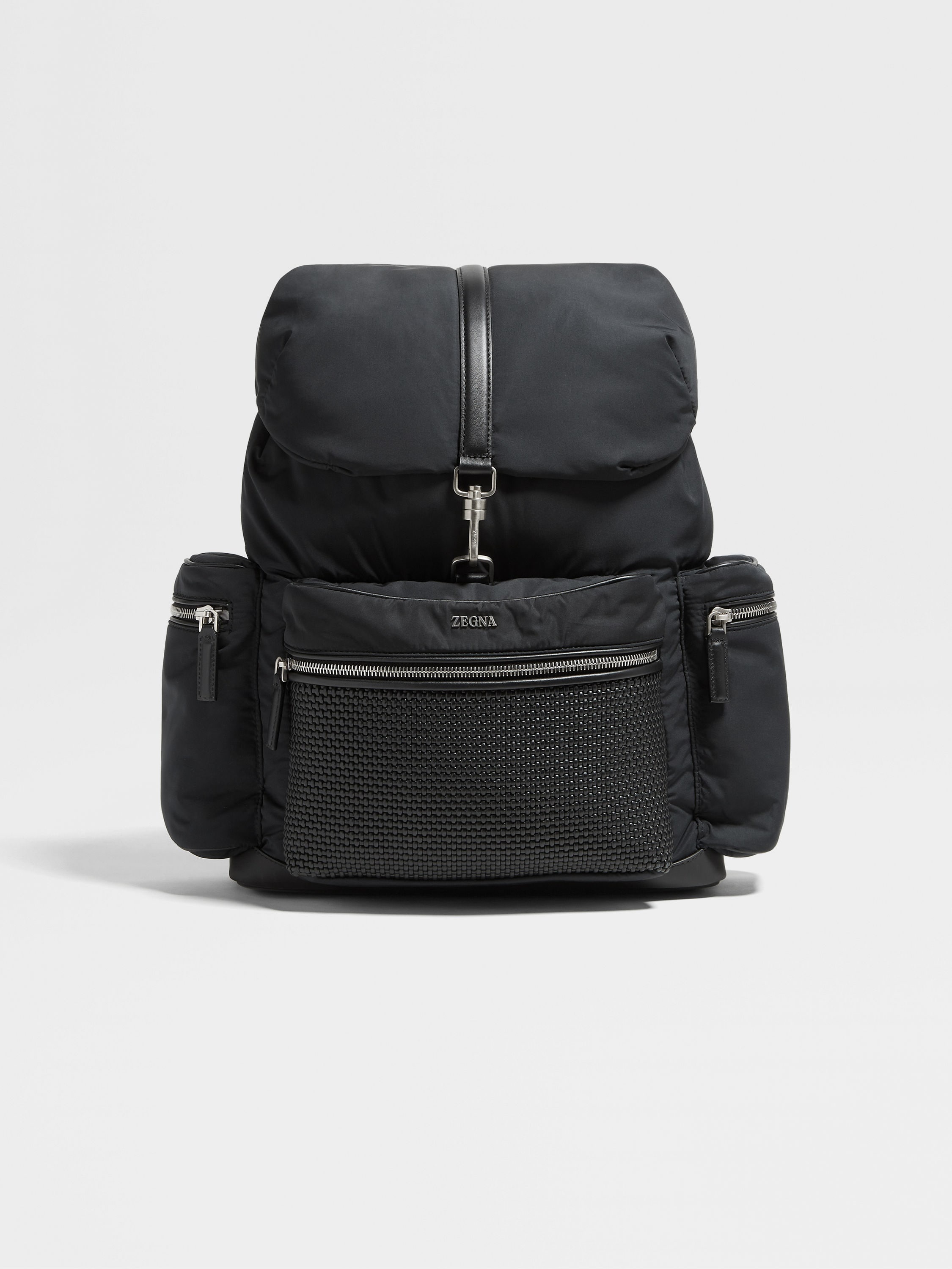 BLACK TECHNICAL FABRIC AND PELLETESSUTA™ LEATHER BACKPACK - 1