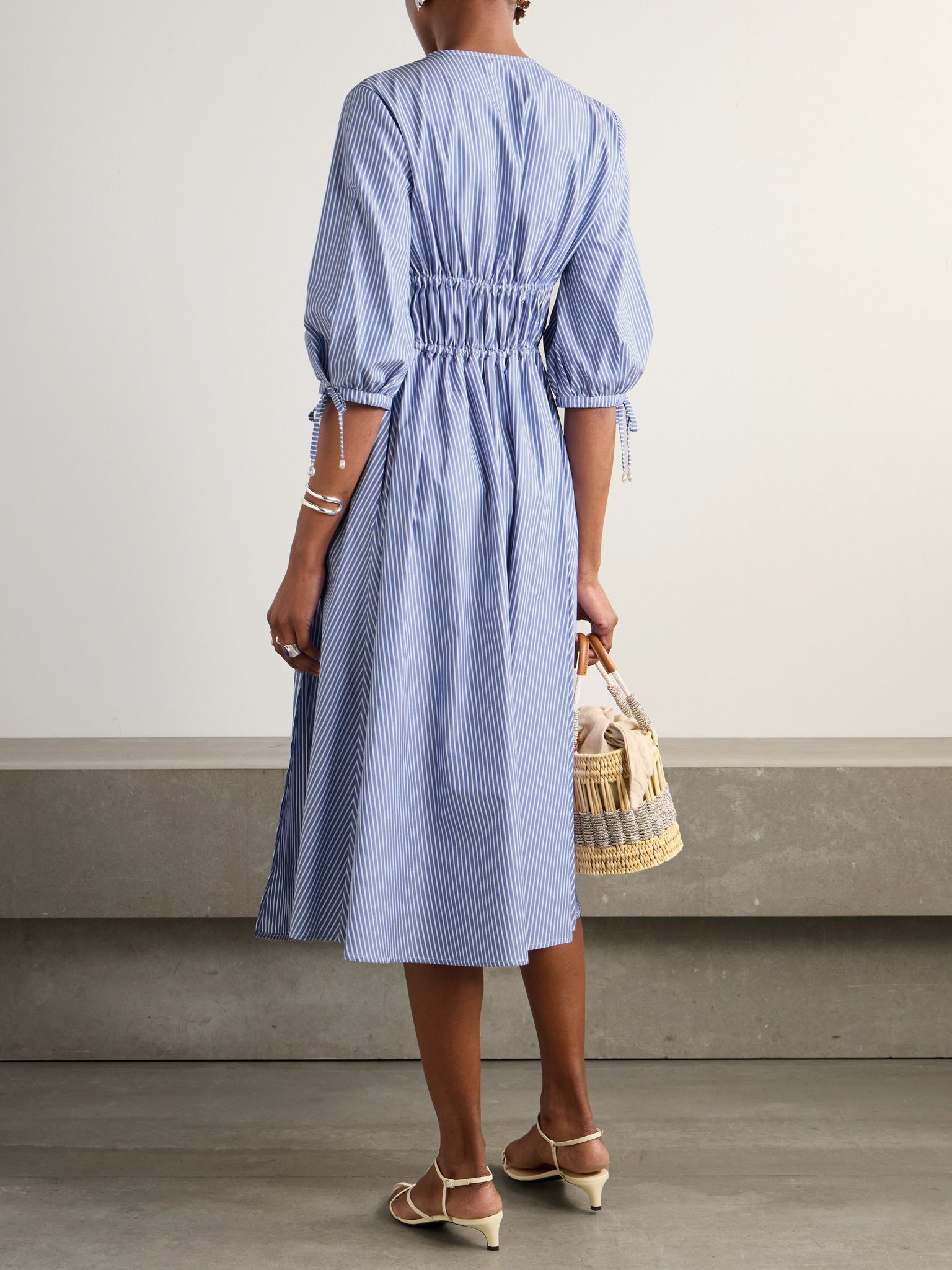 Donrine faux pearl-embellished tie-detailed striped cotton midi dress Blue - 3