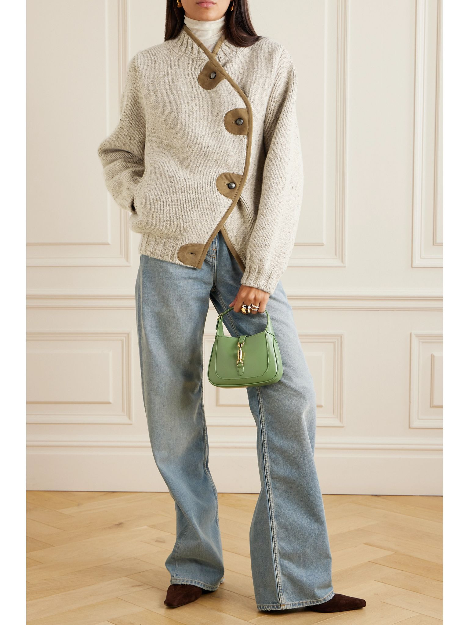 Newcastle asymmetric suede-trimmed wool and cashmere-blend cardigan Beige - 2