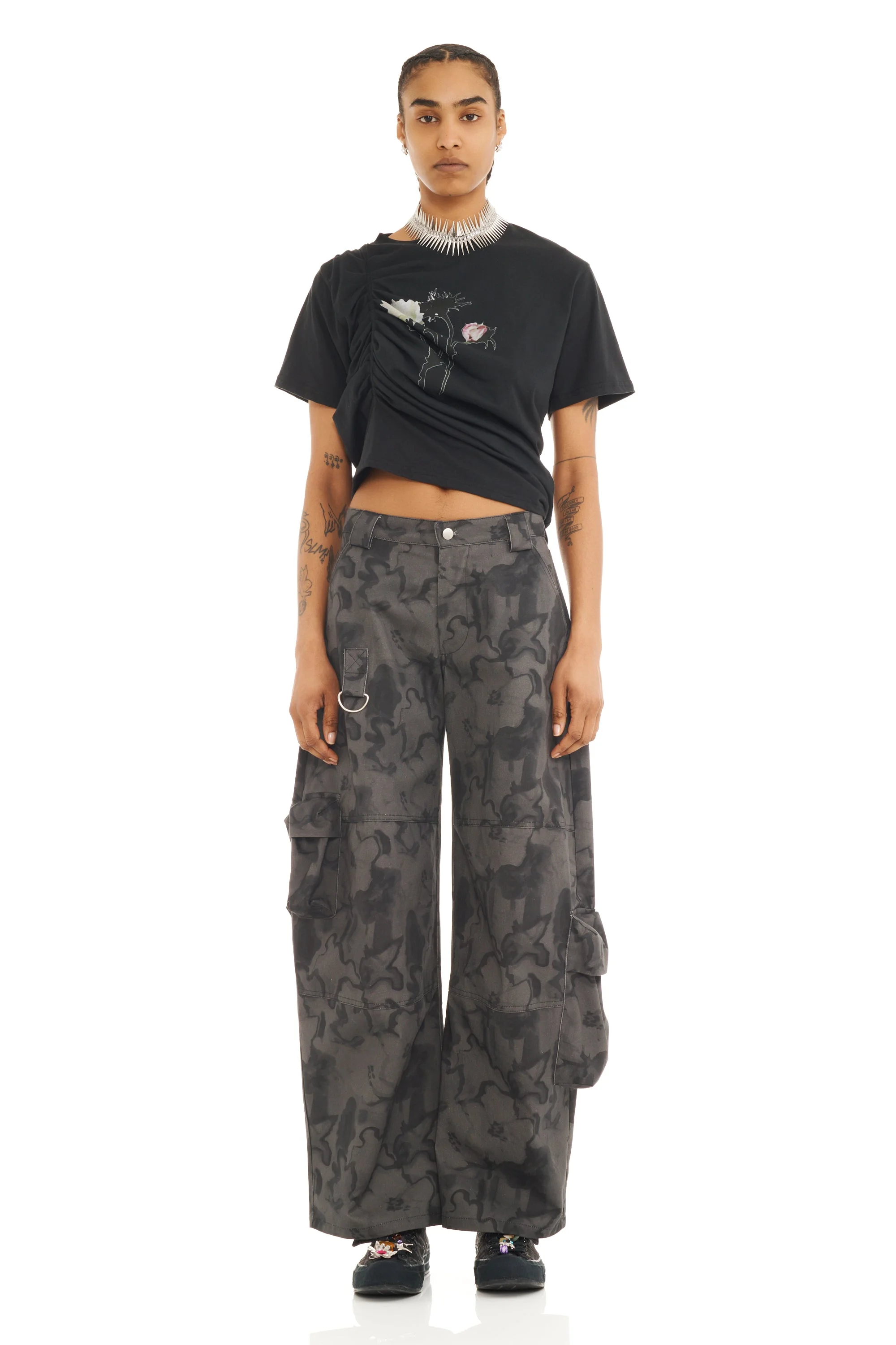 BLACK WATERCOLOR FLORAL LAWN CARGO PANT - 1