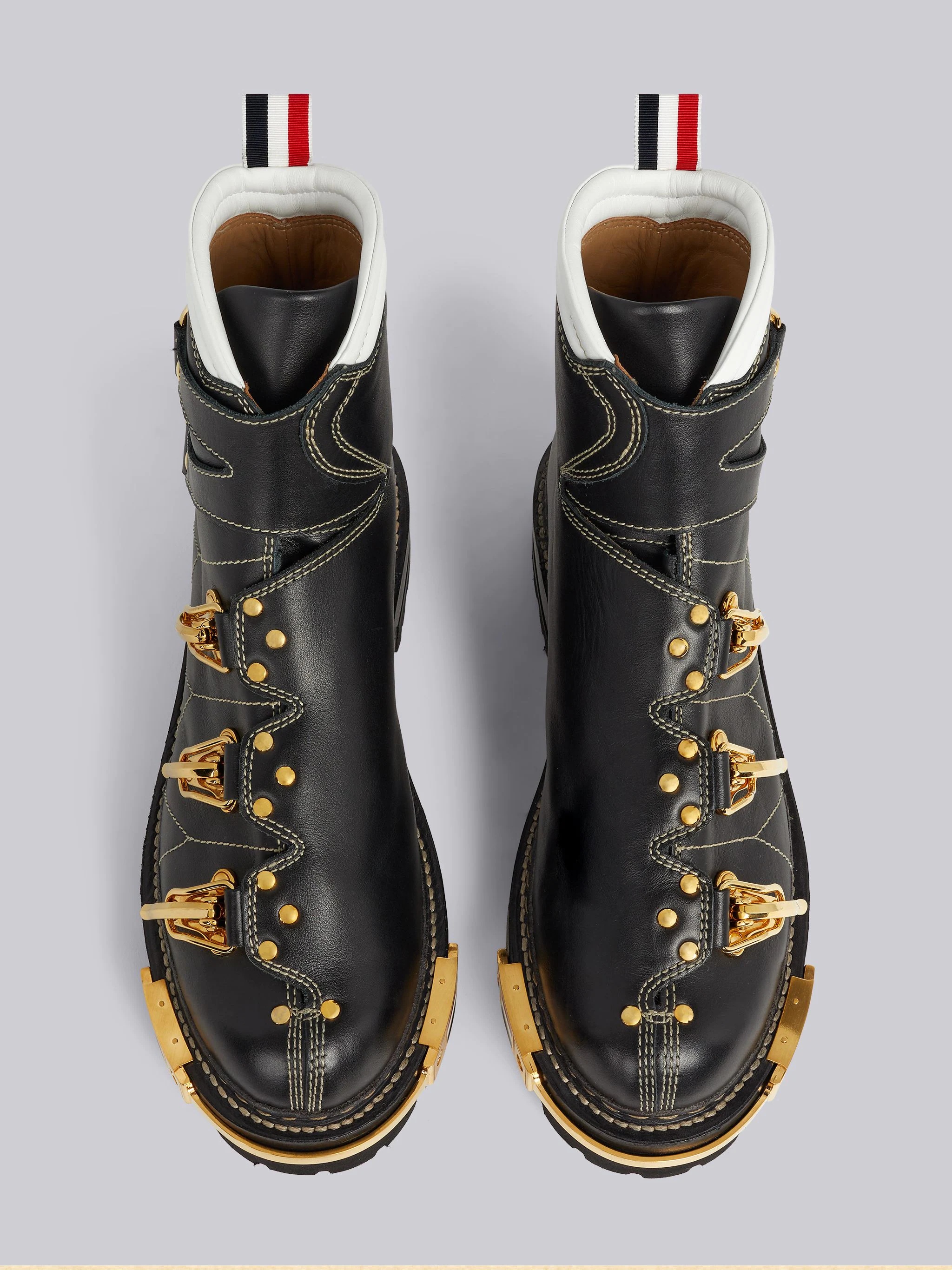 Black Vitello Calf Leather Brass Toe Stacked Sole Multi Buckle Ski Boot - 4