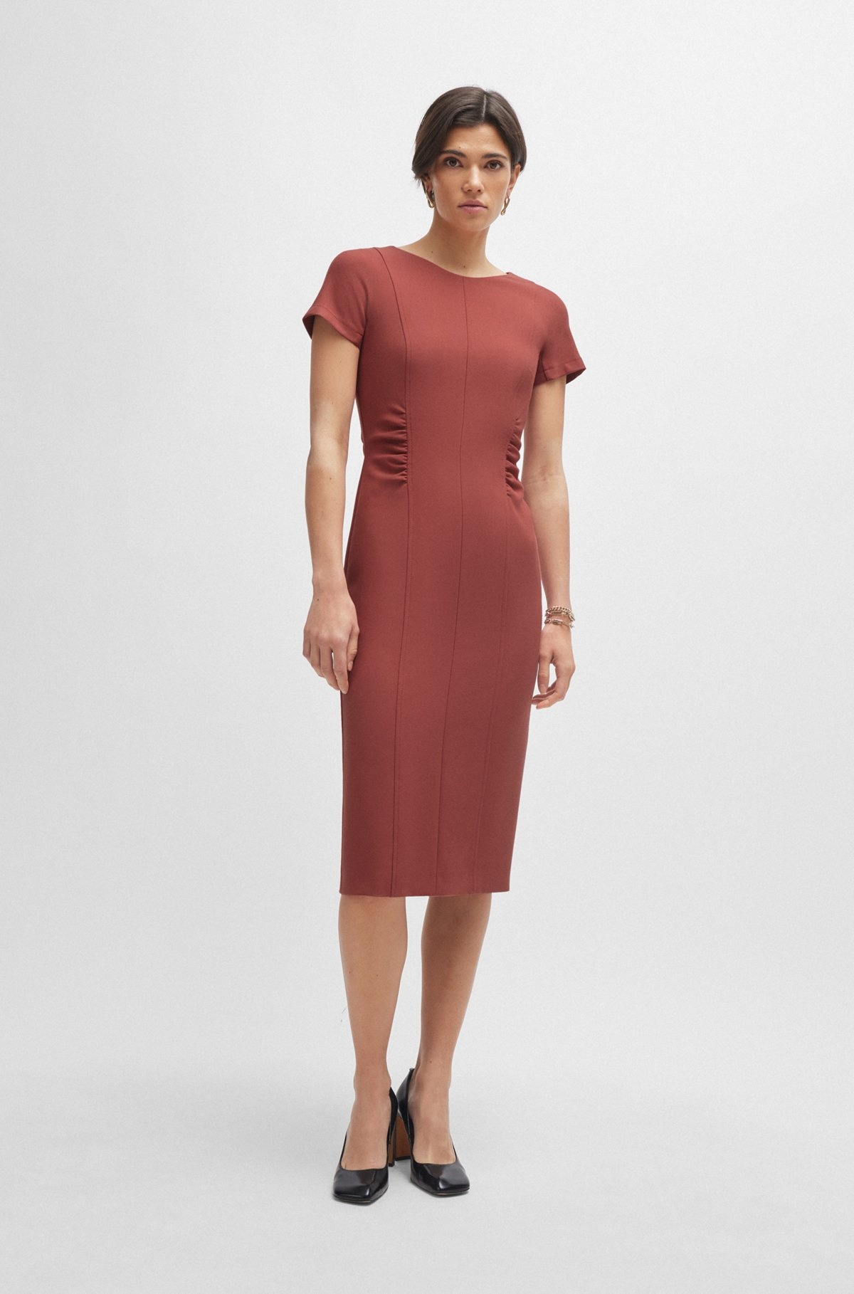 SLIT-FRONT BUSINESS DRESS WITH GATHERED DETAILS - 2