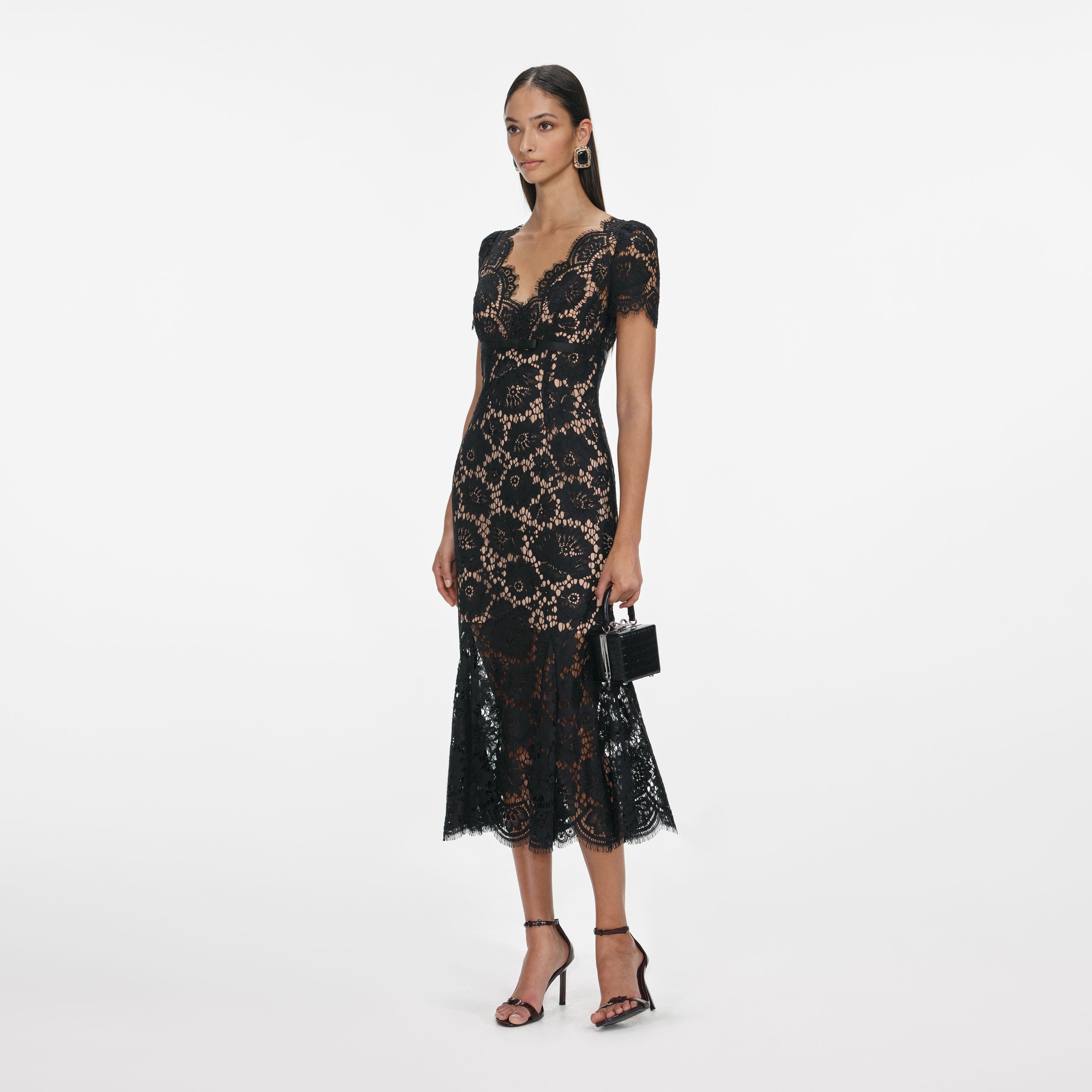 Black Floral Lace Midi Dress - 2