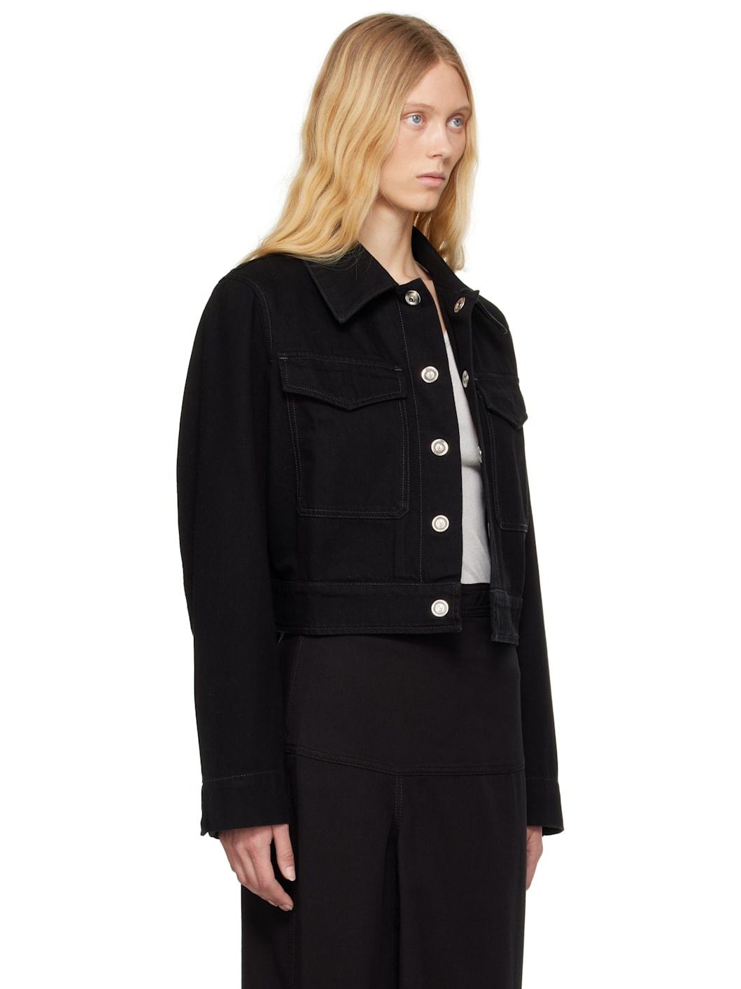 Black Two Pocket Cropped Denim Jacket - 2