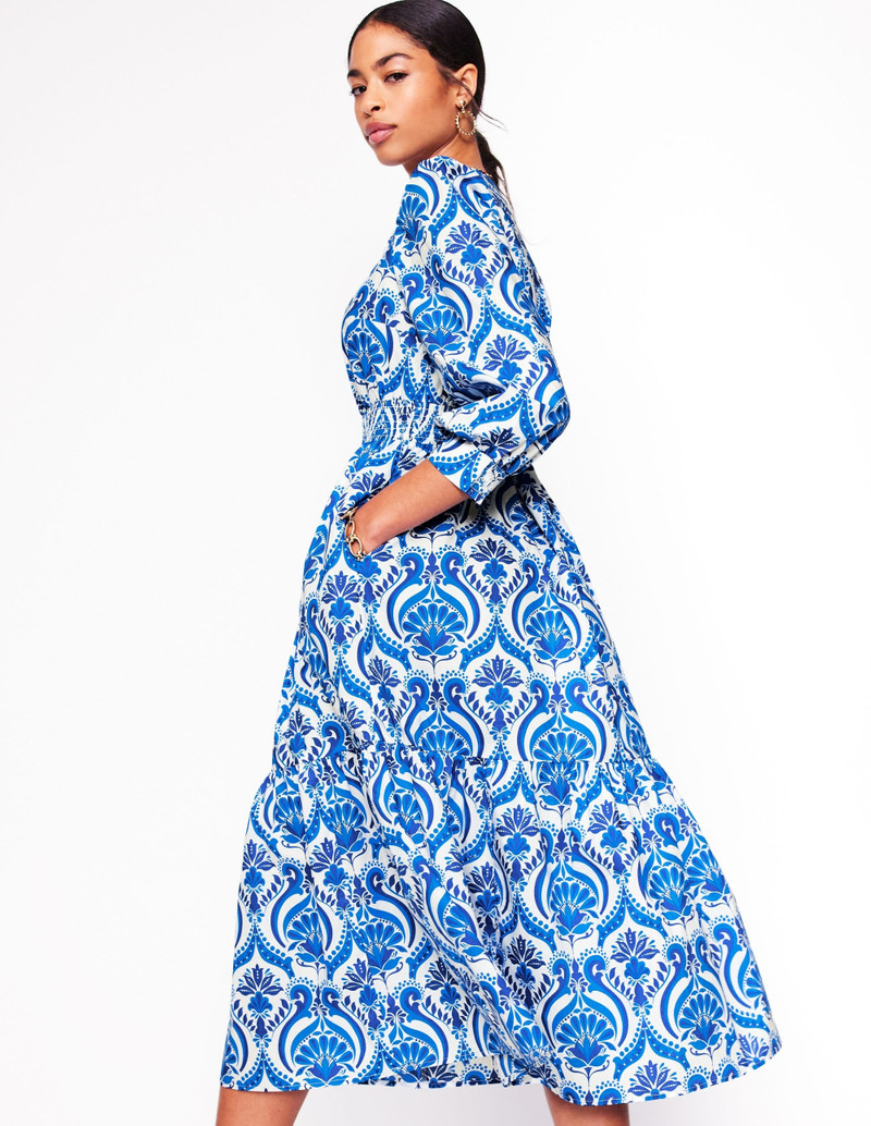 Elena Tiered Cotton Midi Dress-Blue, Ornamental Floral 5