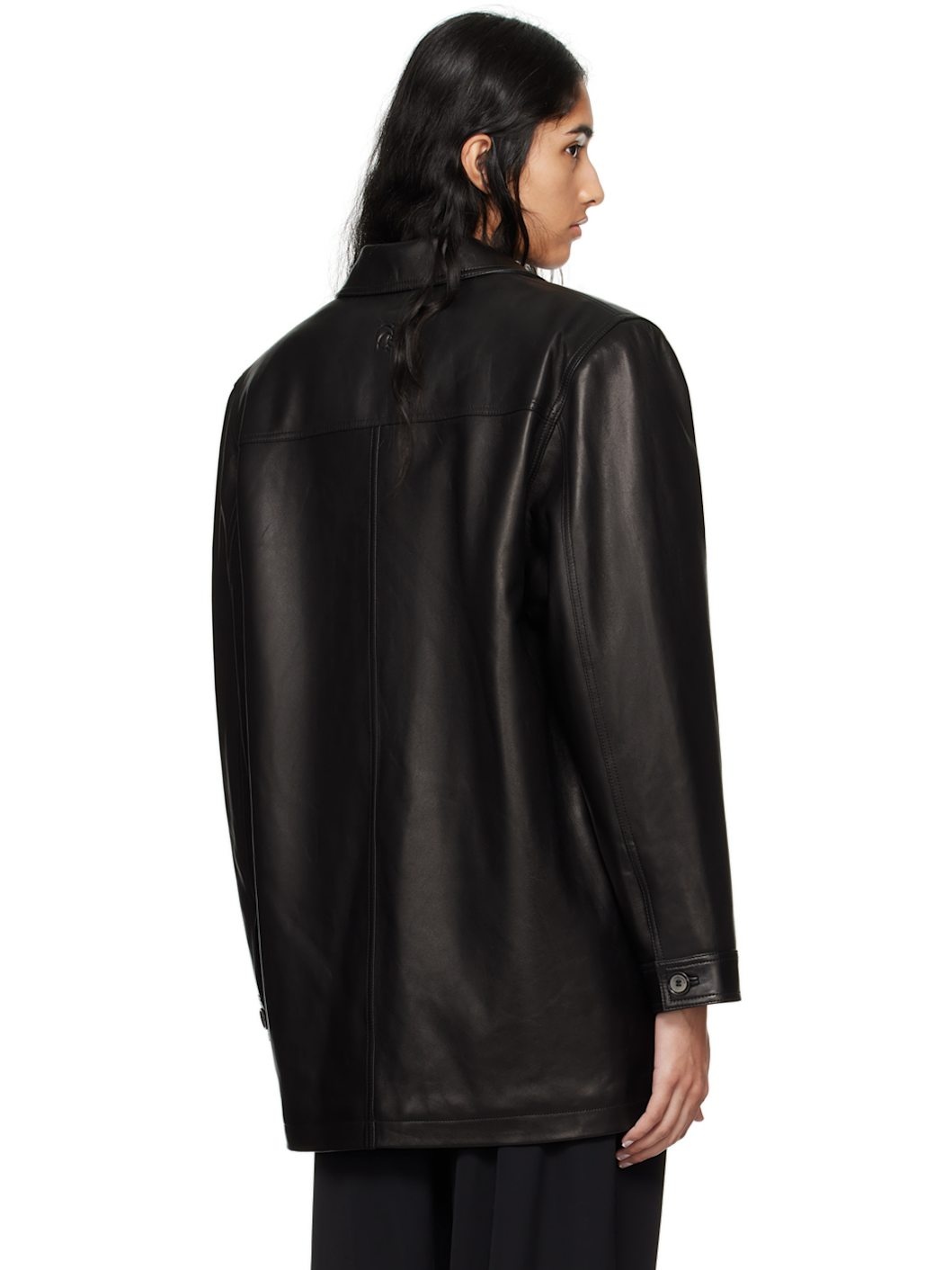 Black Oversized Button Up Leather Jacket - 3