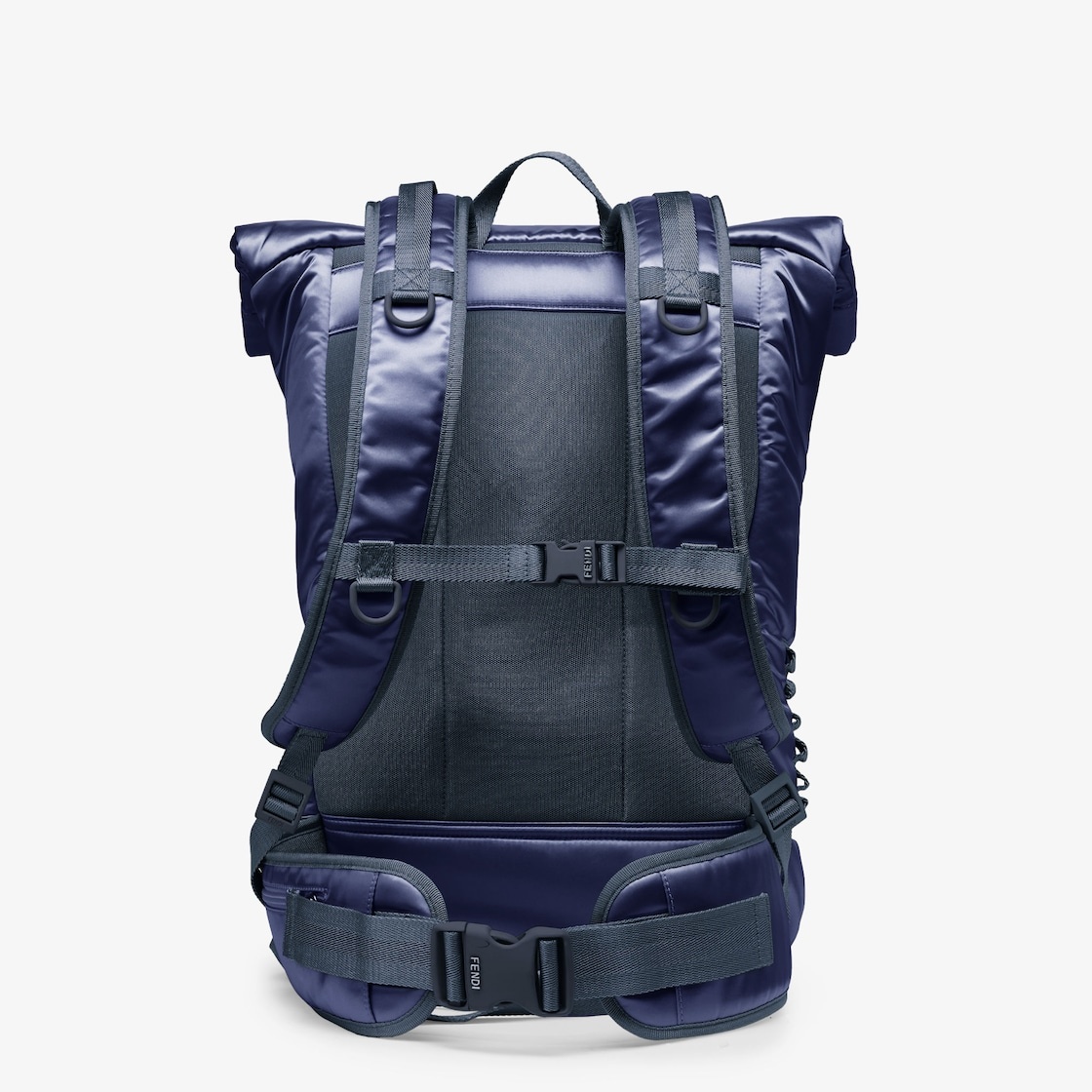 Rolltop blue nylon backpack decorated with enameled tone on tone Baguette buckle. Button and hidden  - 3