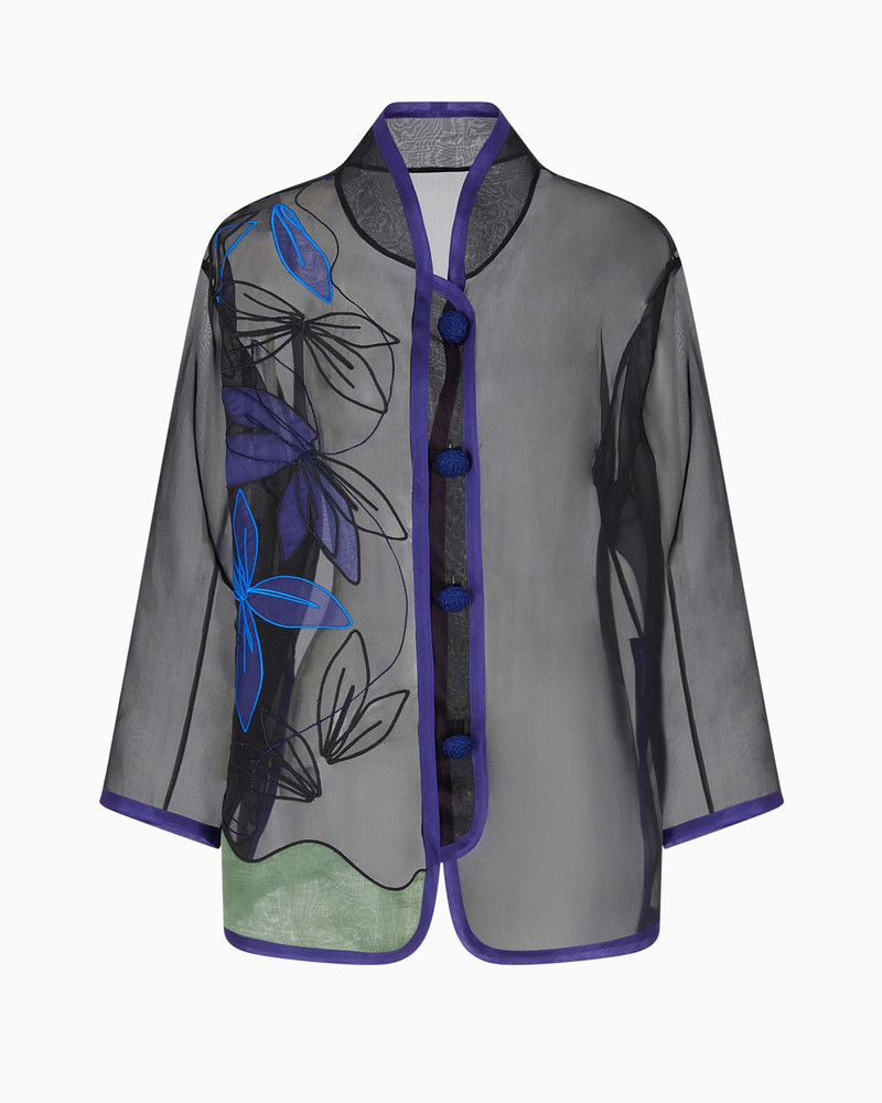 Pure silk organza shirt jacket with floral embroidery 1