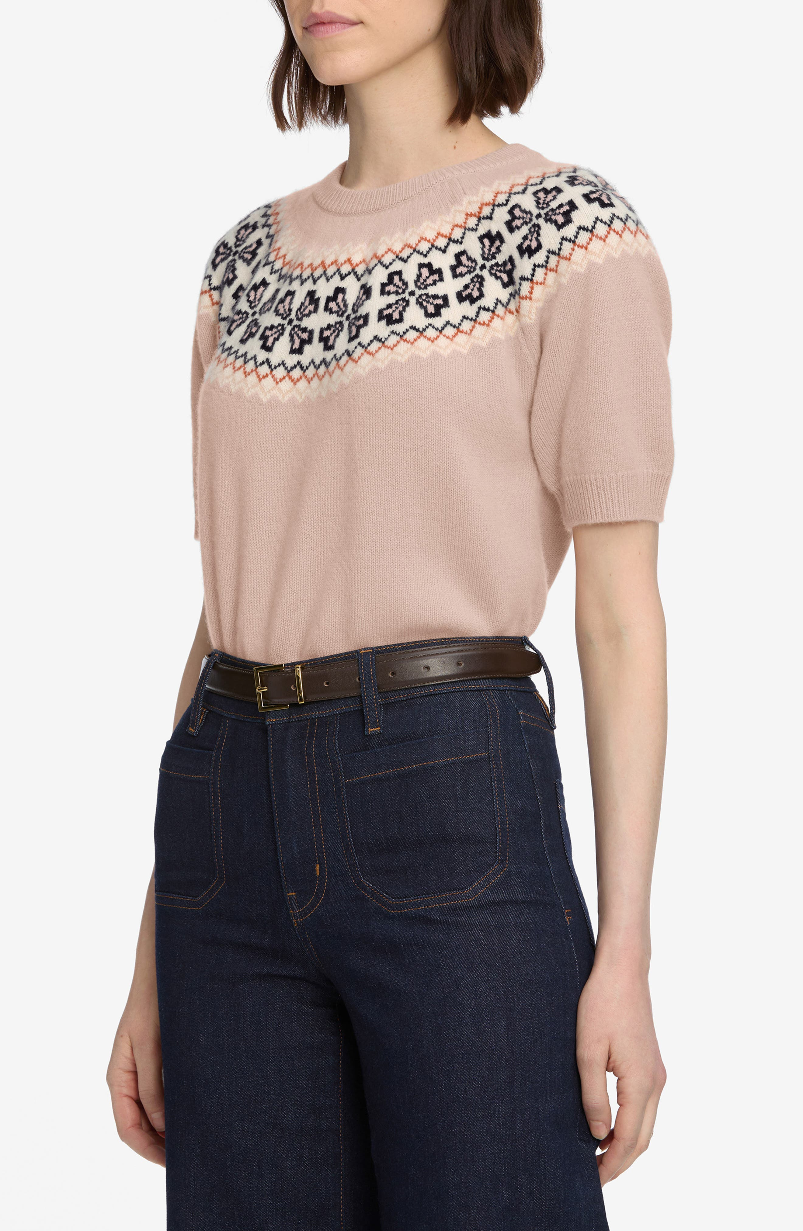 FRAME The Fair Isle Short Sleeve Cashmere Sweater in Pink Sand at Nordstrom - 3