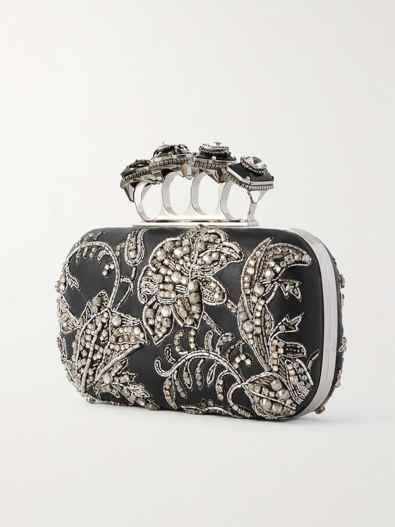 Crystal-embellished embroidered leather clutch Silver - 3