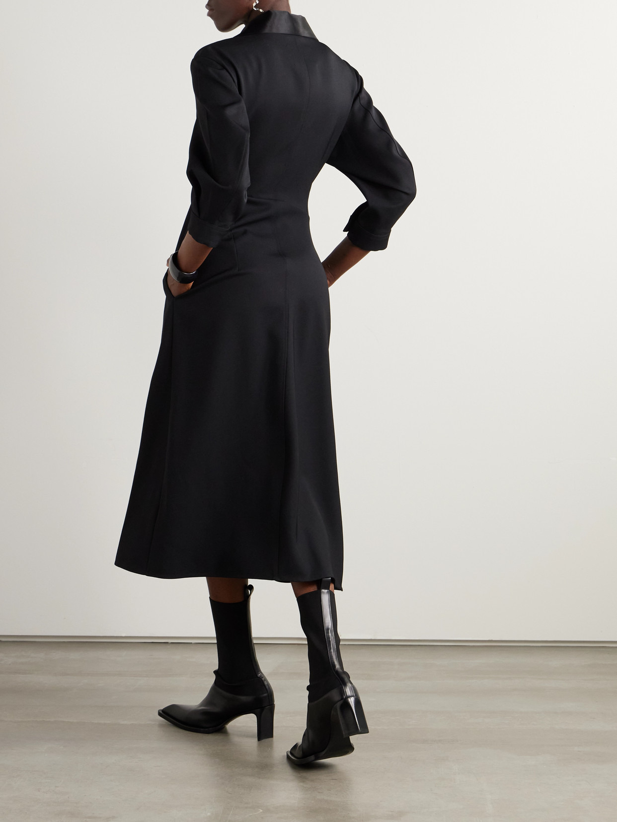 Asymmetric Satin-trimmed Wool-twill Midi Shirt Dress - 3