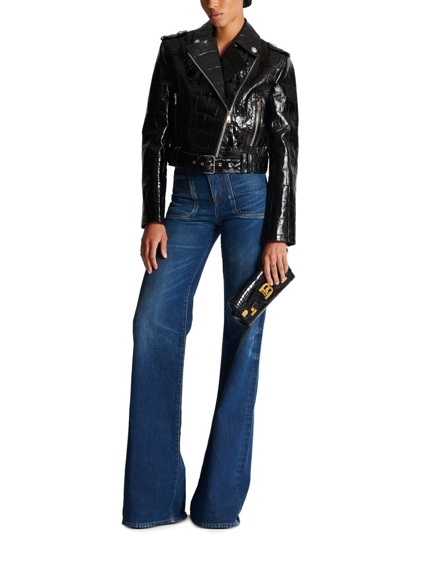 Crocodile-Effect Leather Biker Jacket - 6