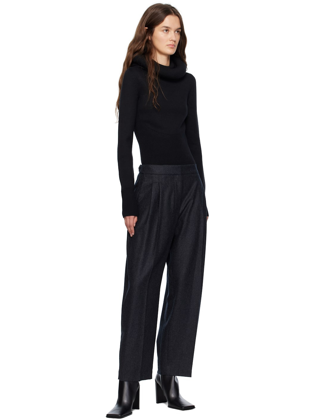 Black Sculptural Hood Ribbed Knit Turtleneck - 5