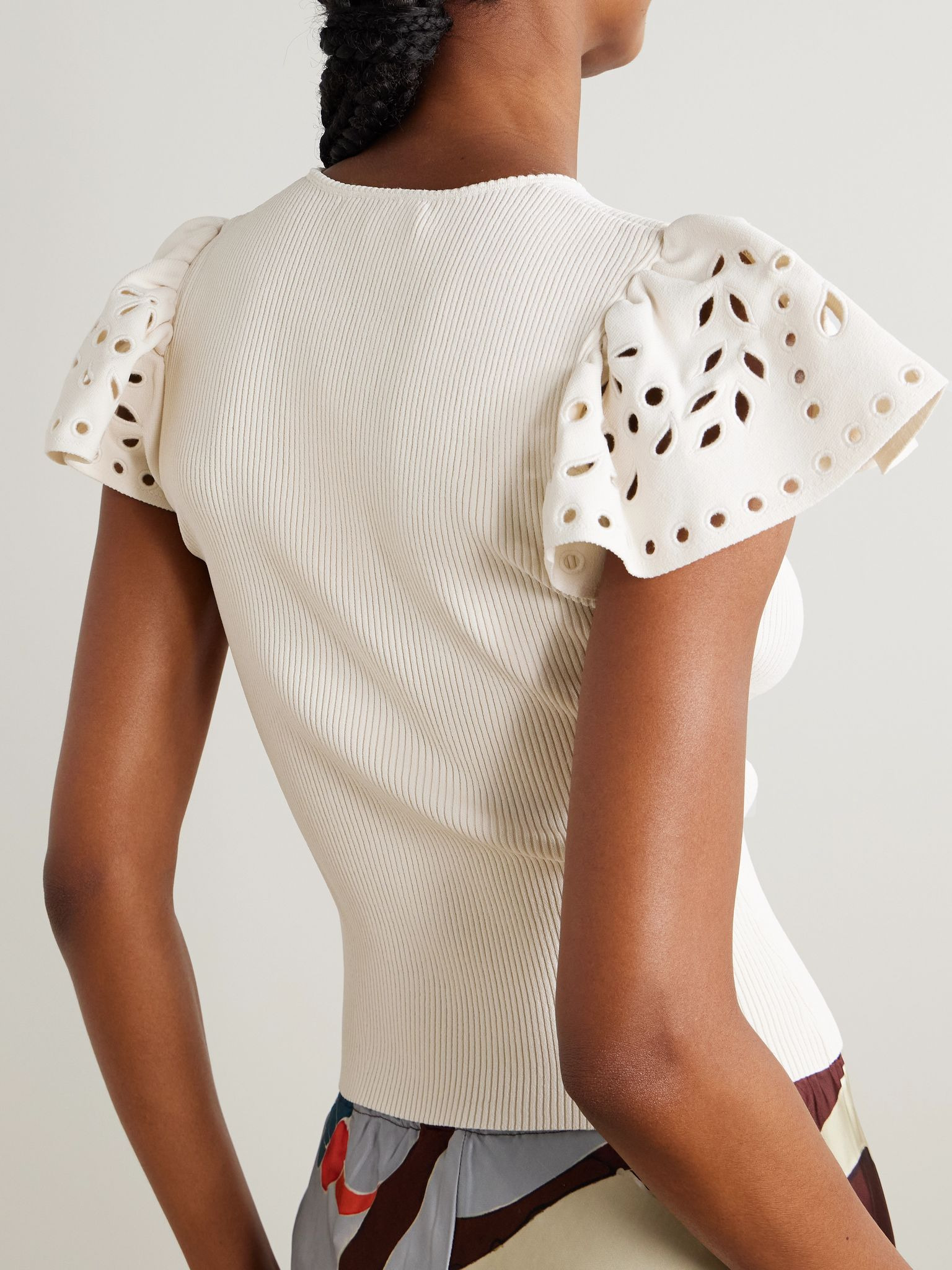 Edith embroidered ruffled ribbed-knit top Gold - 3