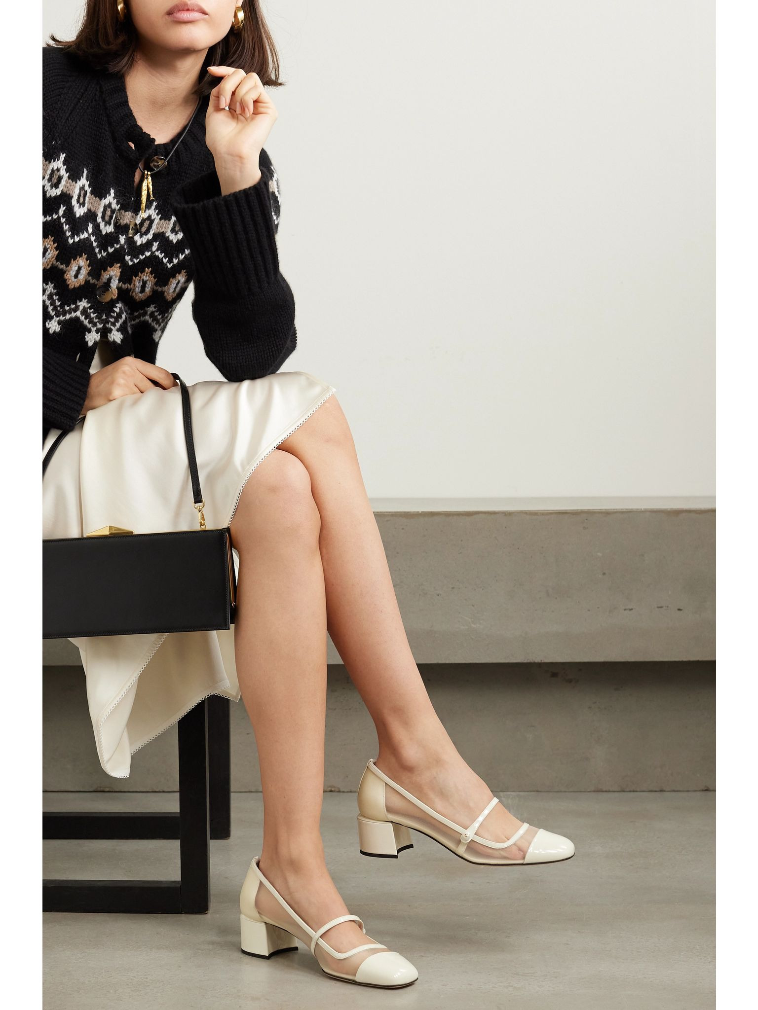 Elisa 45 embellished patent-leather and mesh Mary Jane pumps Cream - 2