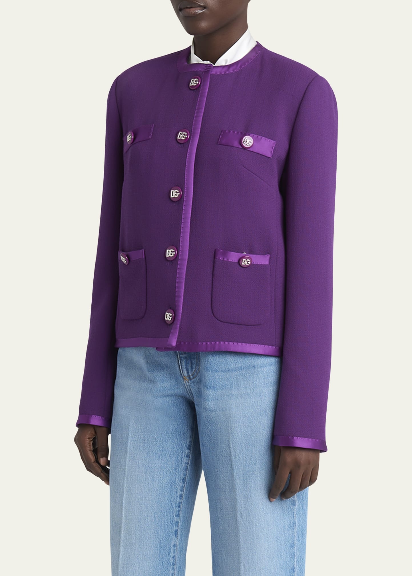 Satin-Trim Wool Crepe Collarless Jacket - 4