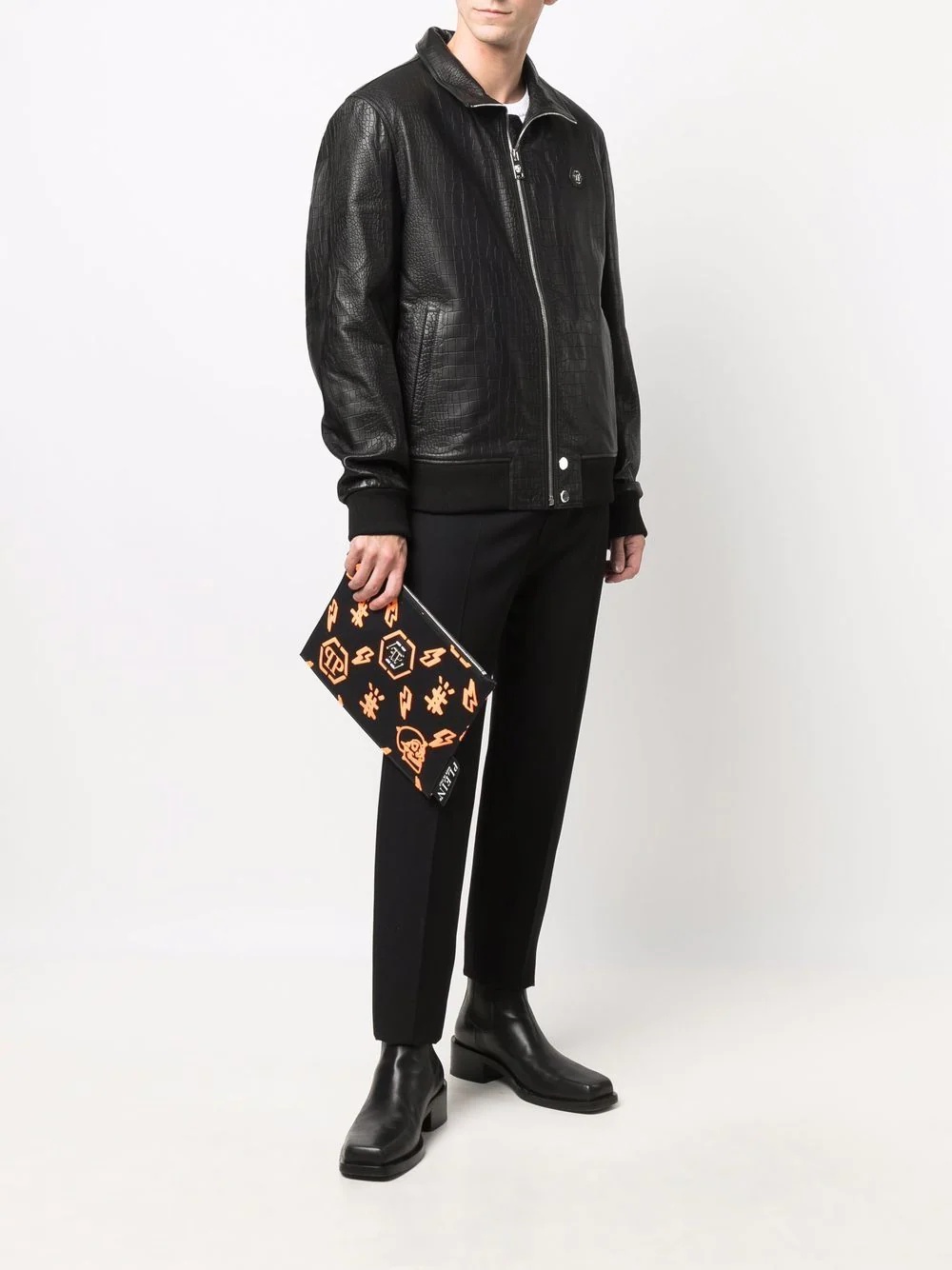 crocodile-effect leather bomber jacket - 2