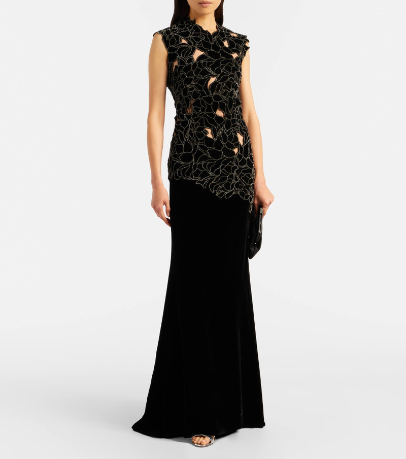 COSTARELLOS Serisa embellished lace-trimmed velvet gown outlook