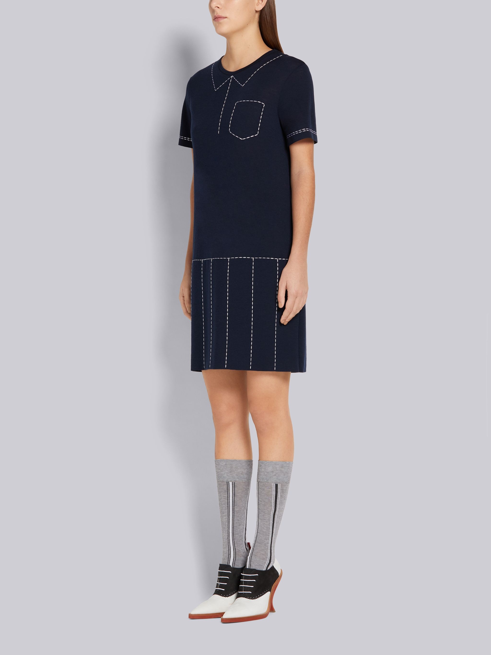 Navy Wool Jersey Trompe L'oeil Pleated Short-sleeved Polo Dress - 2