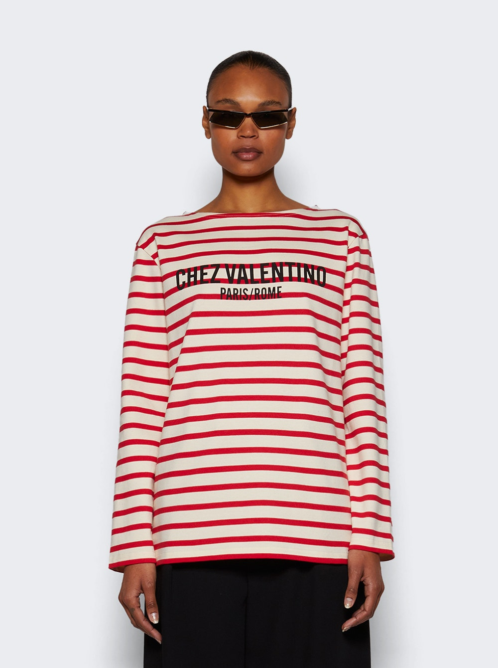 Striped Cotton Jersey Long Sleeve T-shirt Ivory And Red - 2