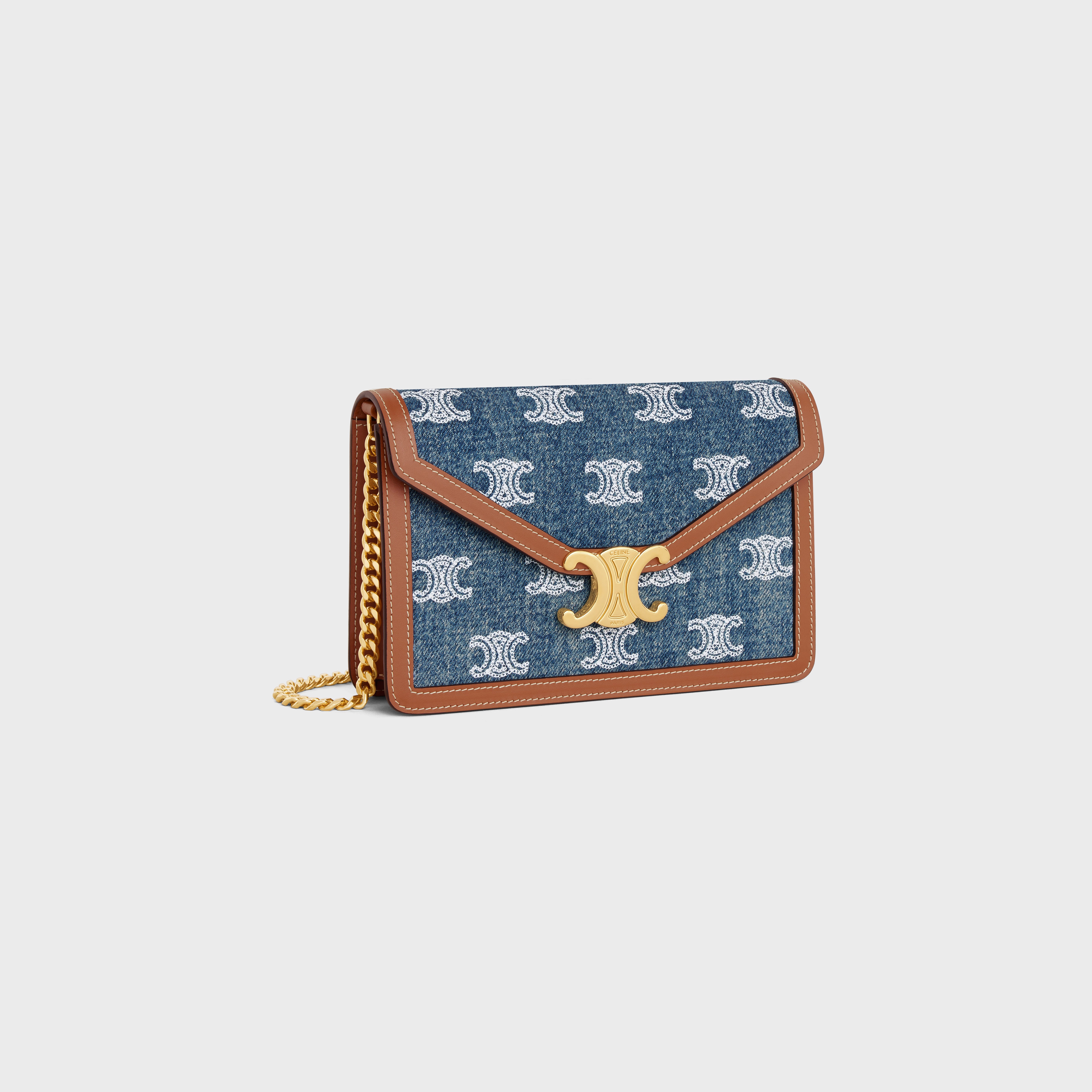 CELINE WALLET ON CHAIN MARGO in DENIM WITH TRIOMPHE ALL-OVER 