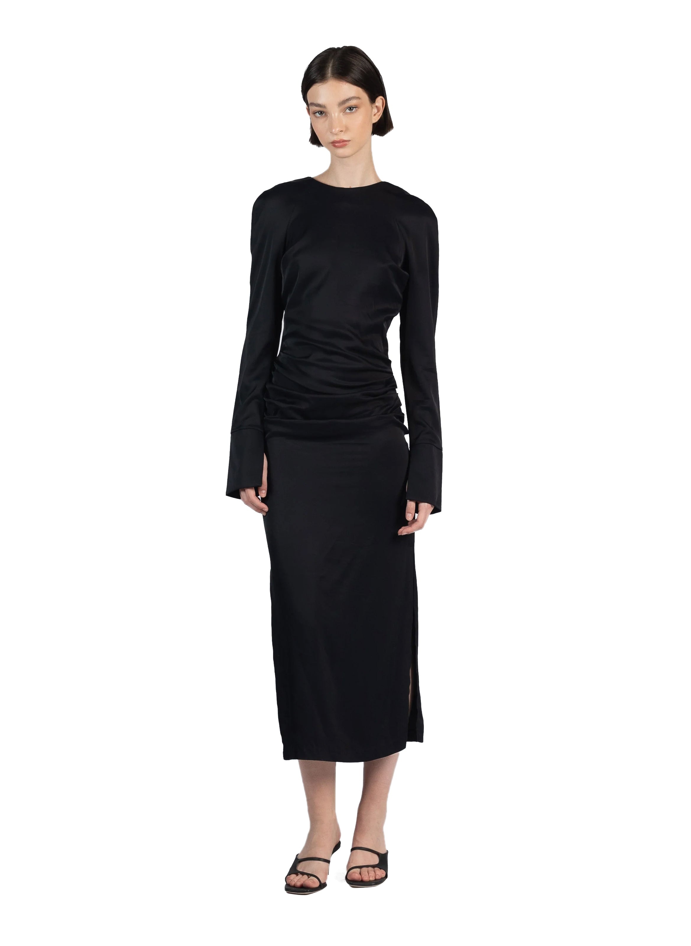 Gathered Long Sleeve Dress Black - 1