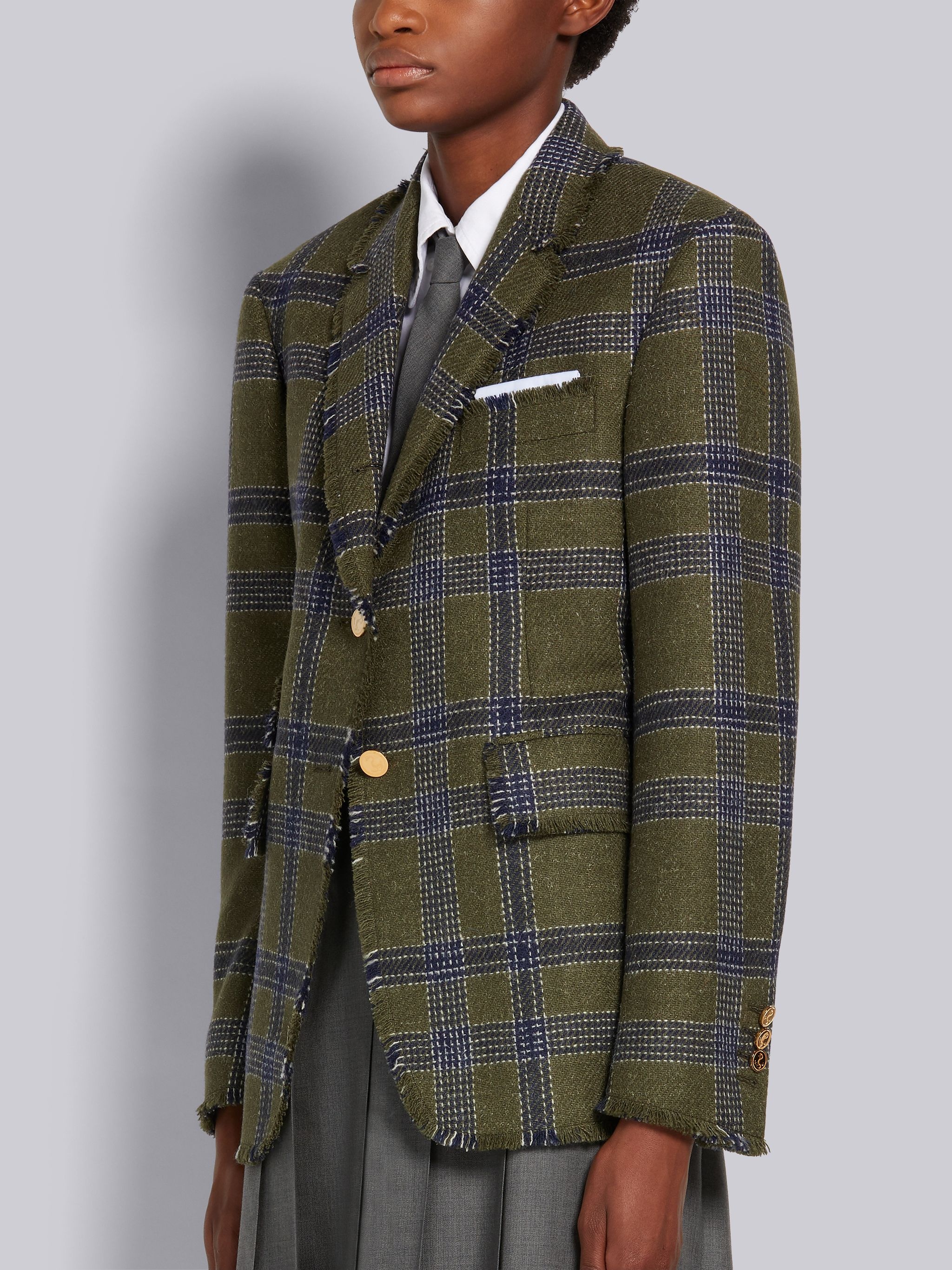 Dark Green Hairline Madras Check British Wool Frayed Nipped Waist Ticket Pocket Sport Coat - 2