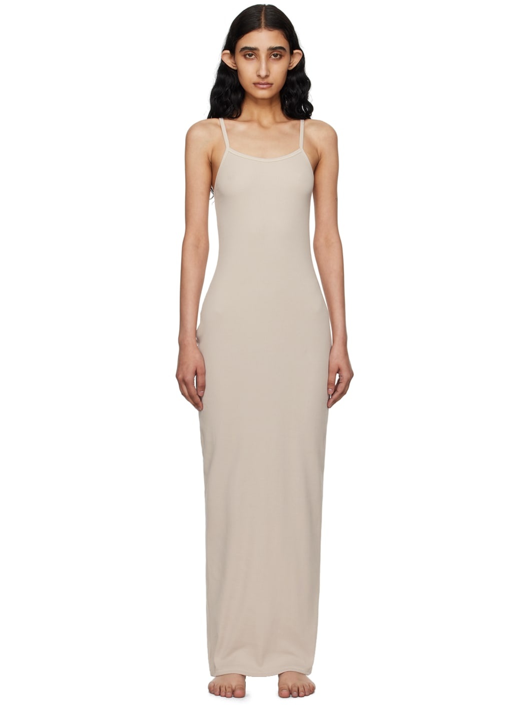 Beige Cotton Rib Long Cami Maxi Dress - 1