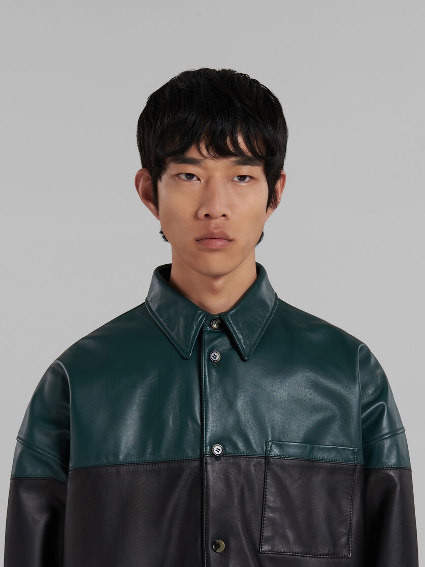 GREEN COLOUR-BLOCK LEATHER SHIRT - 4