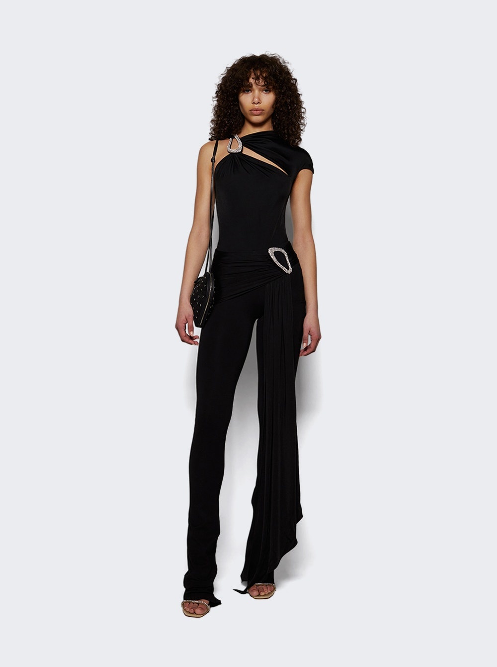 Crystal Buckle Asymmetric Bodysuit Black - 5