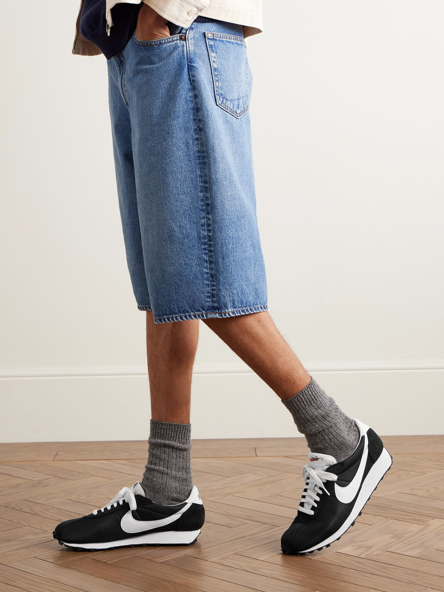 LD-1000 Leather and Suede-Trimmed Mesh Sneakers Black - 2