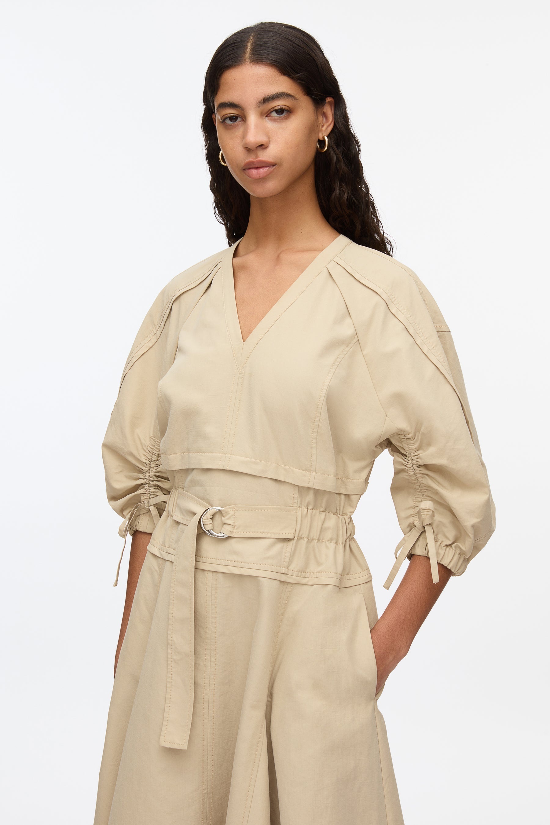 V-Neck Dress with Gathered Sleeves - 4