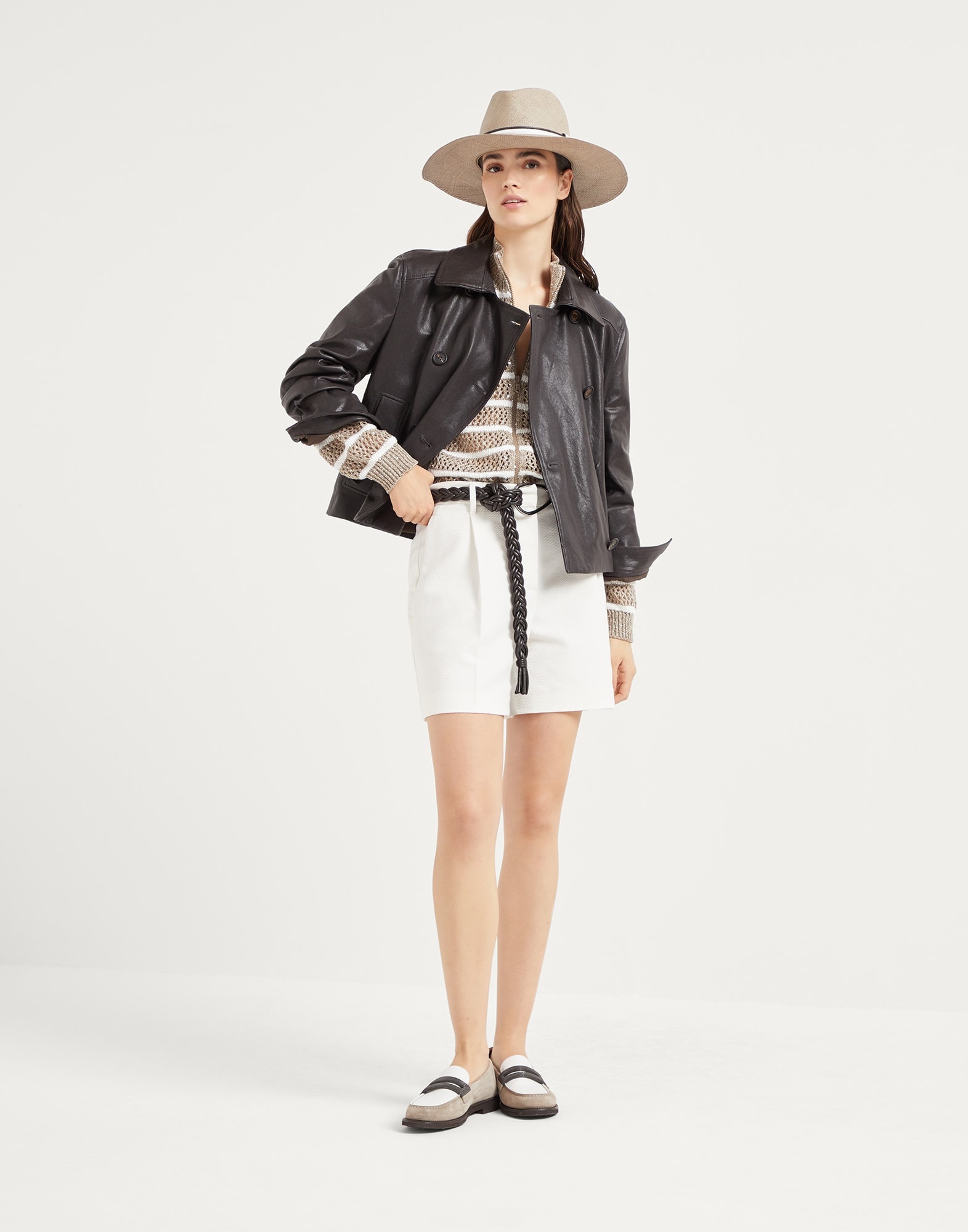 Polished leather cropped pea coat with monili - 5