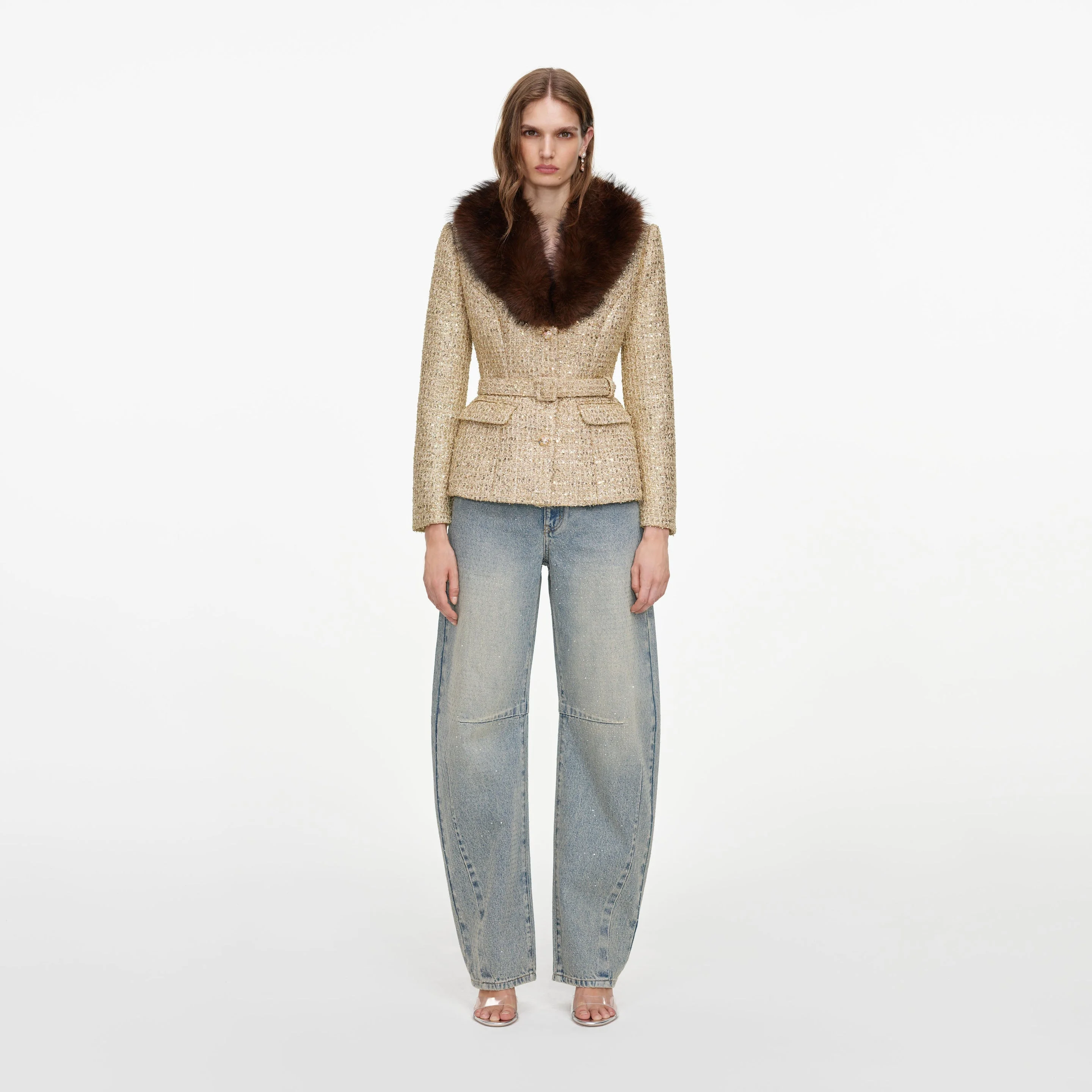 Gold Sequin Boucle Fur Collar Jacket - 1