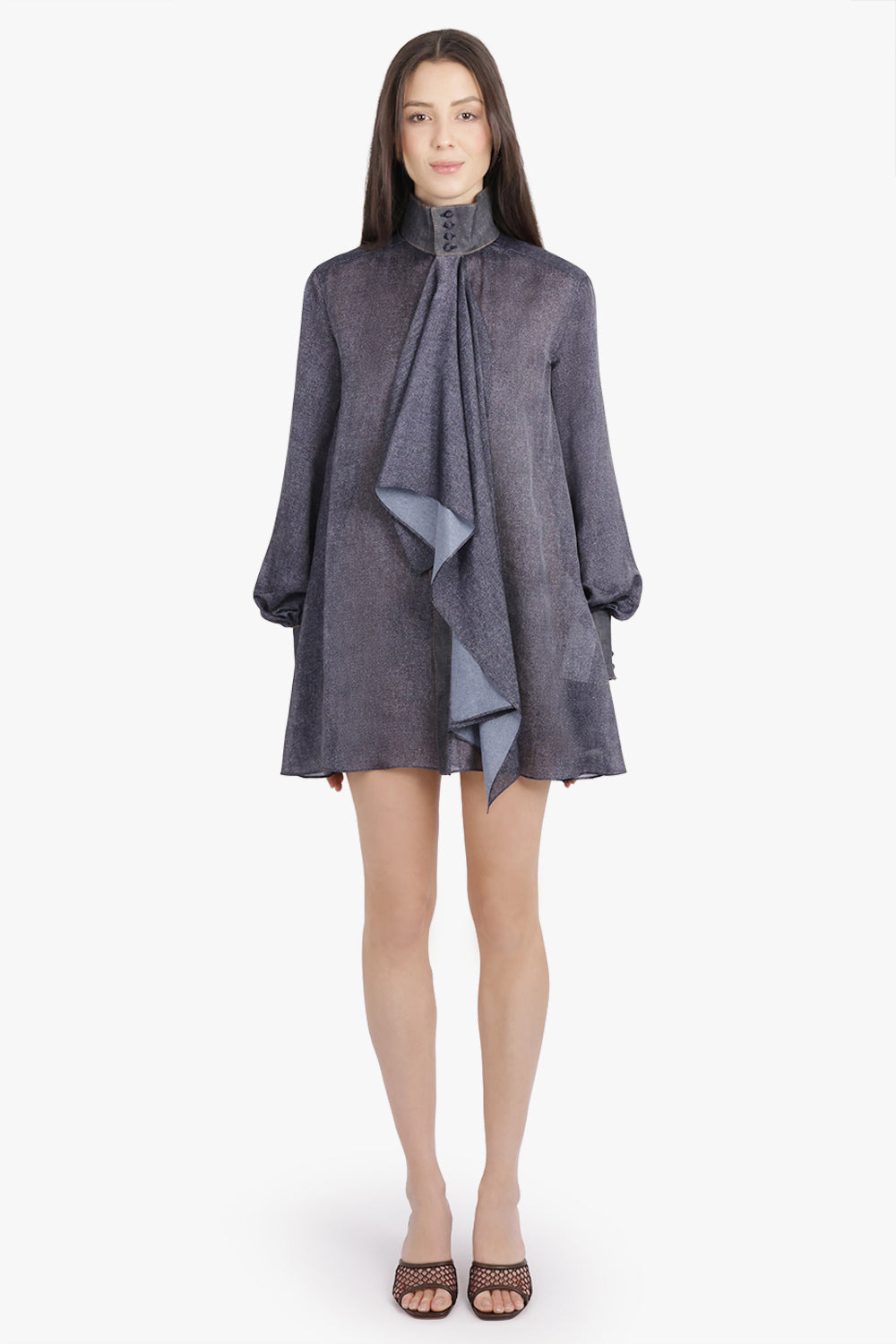 DENIM PRINT LAYERED MINI DRESS WITH HIGH NECK | INDIGO BLUE - 3